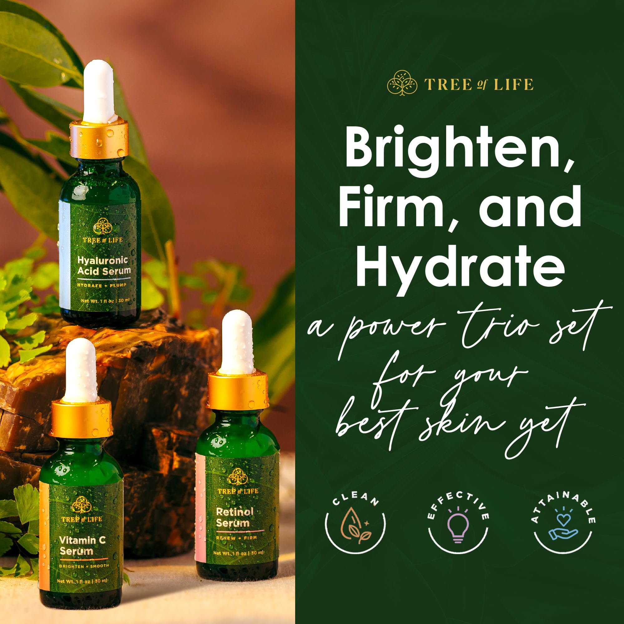 Tree of Life Beauty Facial Serum Trio — Vitamin C, Retinol & Hyaluronic Acid Kit