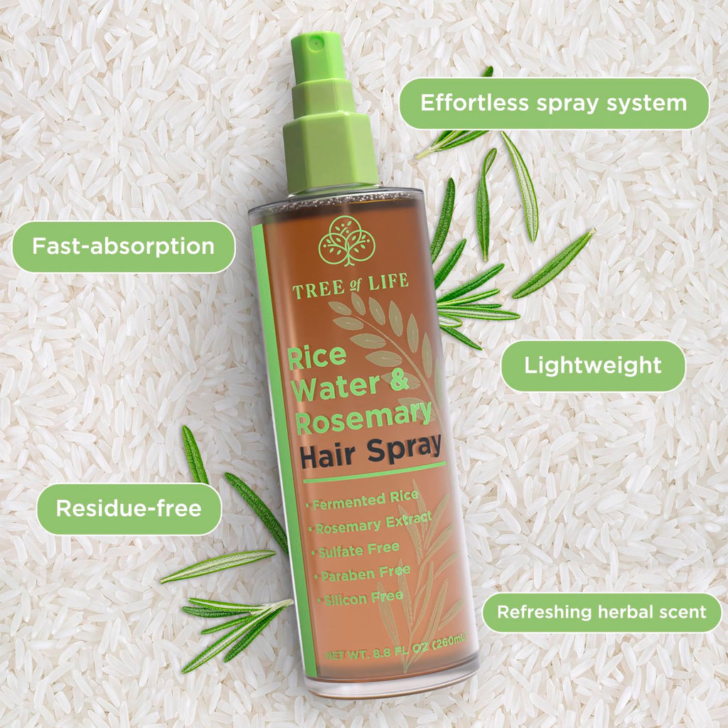 Tree of Life Beauty Rice Water Hair Spray – Rosemary Water, Caffeine & Biotin for Hair Growth (8.8 fl oz)