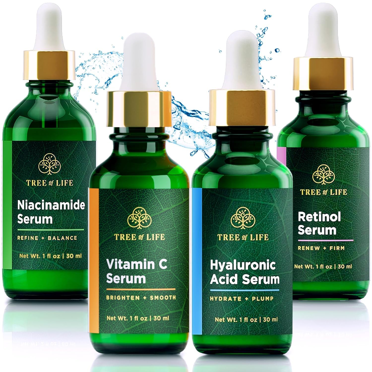 Tree of Life Beauty Facial Skin Care Set – Niacinamide, Vitamin C, Retinol & Hyaluronic Acid Serums (4 x 1 fl oz)