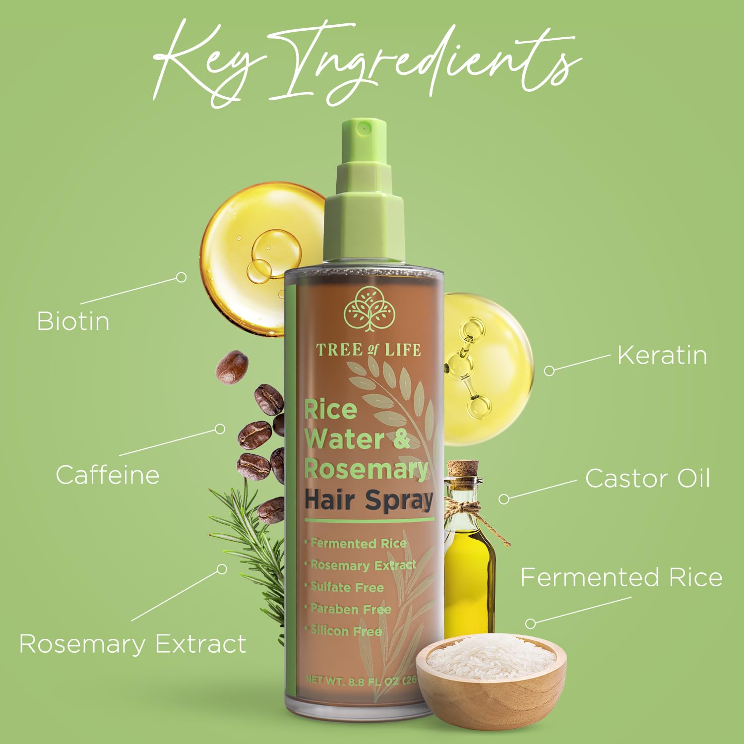 Tree of Life Beauty Rice Water Hair Spray – Rosemary Water, Caffeine & Biotin for Hair Growth (8.8 fl oz)