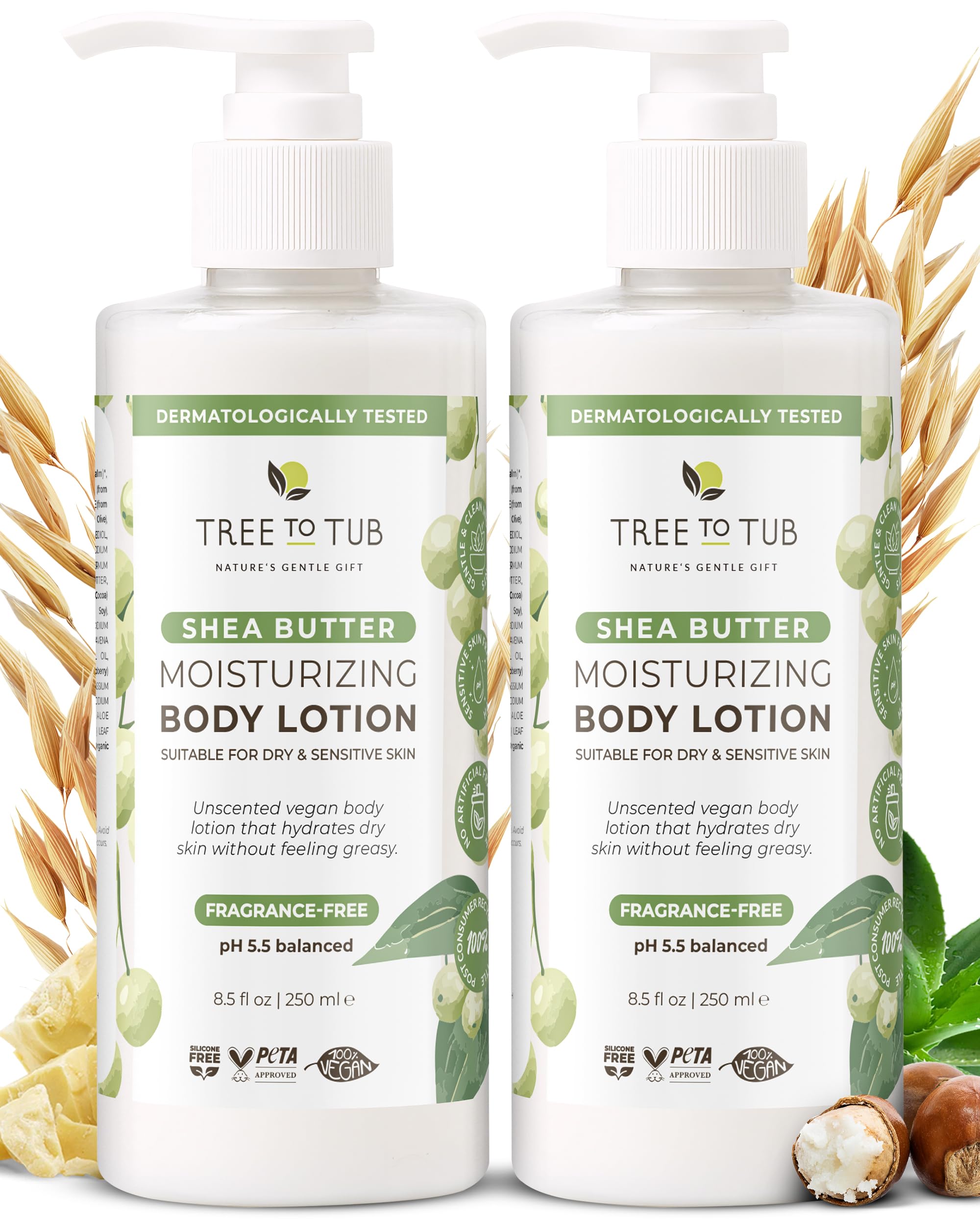 Tree to Tub Unscented Shea Butter Body Lotion – Fragrance-Free, Vegan Moisturizer (2 Pack) for Dry & Sensitive Skin