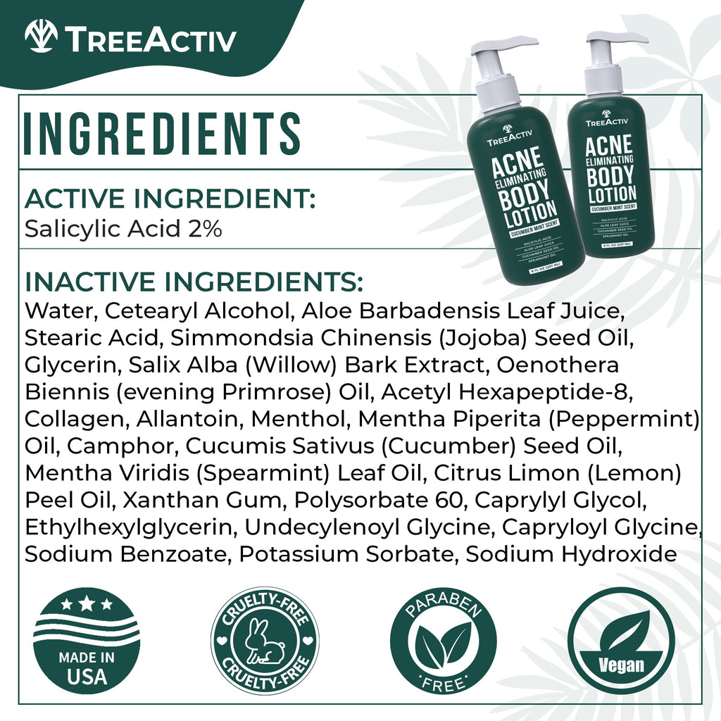 TreeActiv Acne Eliminating Body Lotion 8 oz | Clears Body, Back, Butt & Shoulders | Cucumber Mint