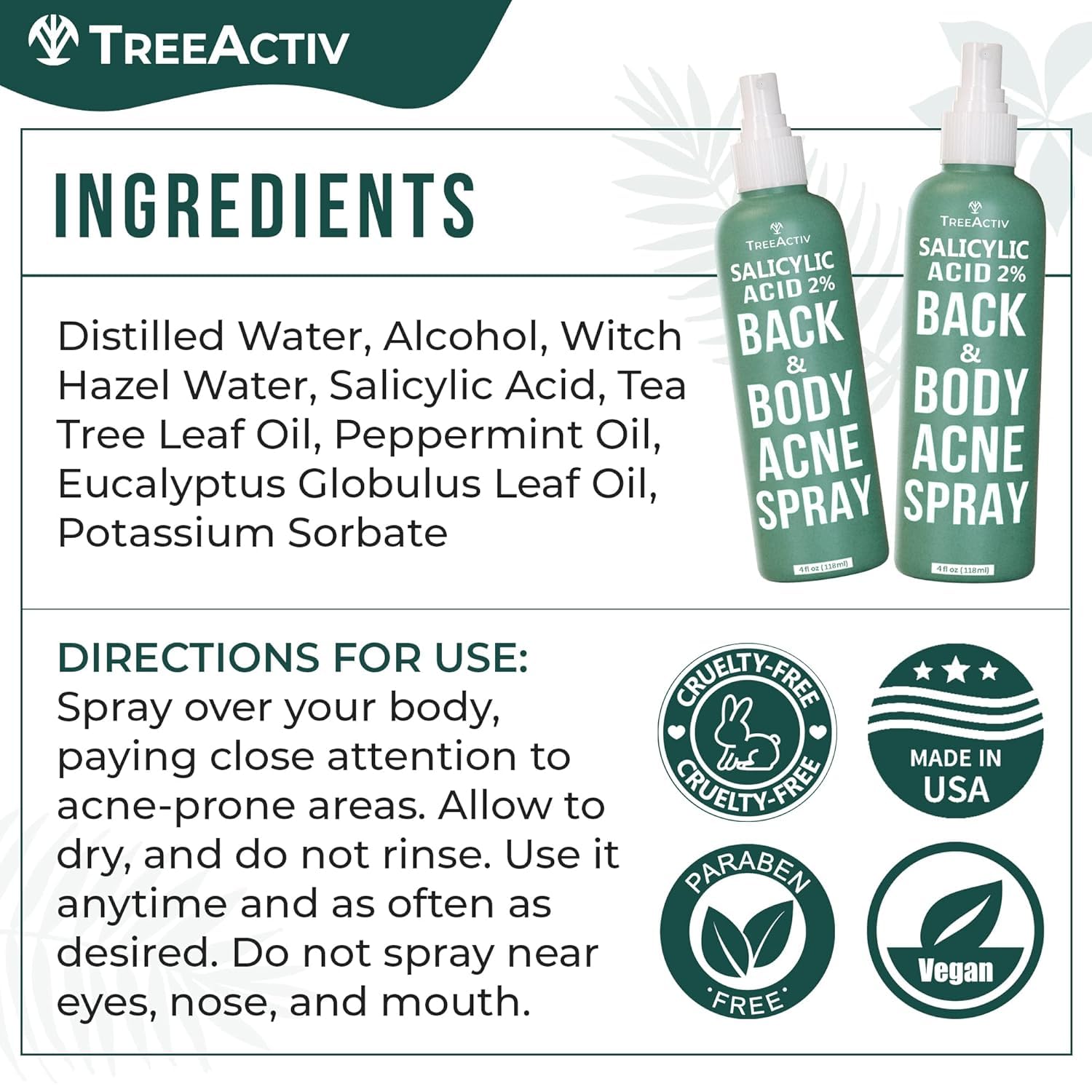 TreeActiv Salicylic Acid Back & Body Acne Spray – Fast-Drying, Tea Tree & Peppermint Formula (4 fl oz x 2)