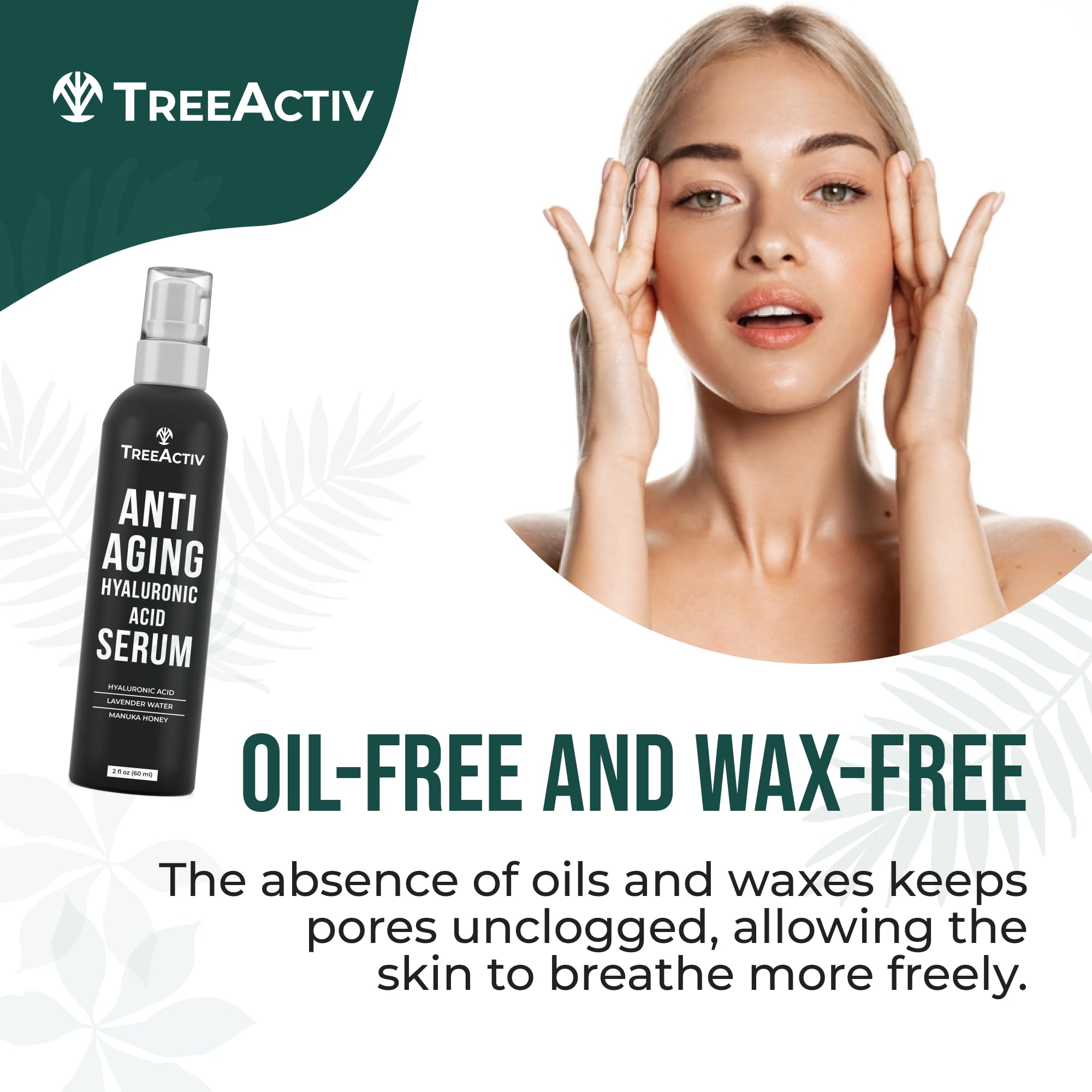 TreeActiv Anti-Aging Hyaluronic Acid Serum for Face – Hydrating, Oil-Free 2 oz