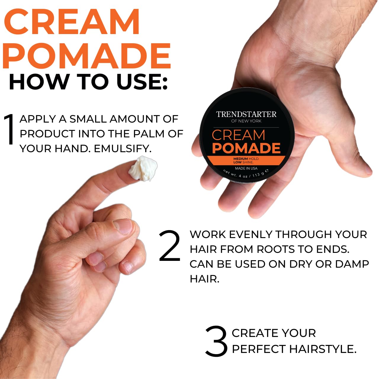 TRENDSTARTER Cream Pomade Pack 4oz – Medium Hold, Low Shine, Water-Based