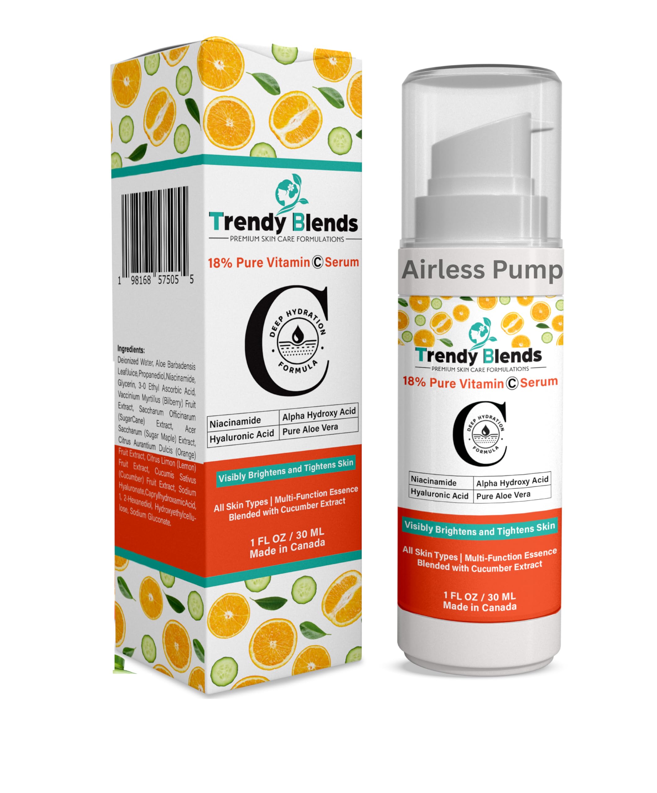Trendy Blends 18% Vitamin C Serum with Hyaluronic Acid & Niacinamide – Brightening Anti-Aging Serum, 1 Fl Oz