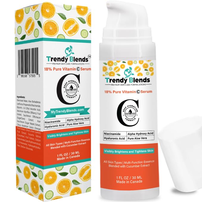 Trendy Blends 18% Vitamin C Serum with Hyaluronic Acid & Niacinamide – Brightening Anti-Aging Serum, 1 Fl Oz