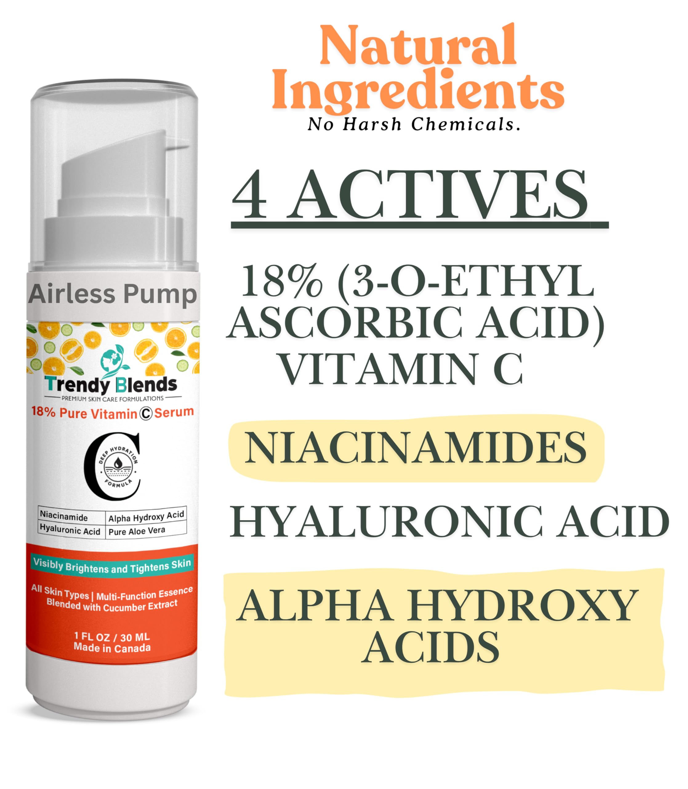 Trendy Blends 18% Vitamin C Serum with Hyaluronic Acid & Niacinamide – Brightening Anti-Aging Serum, 1 Fl Oz