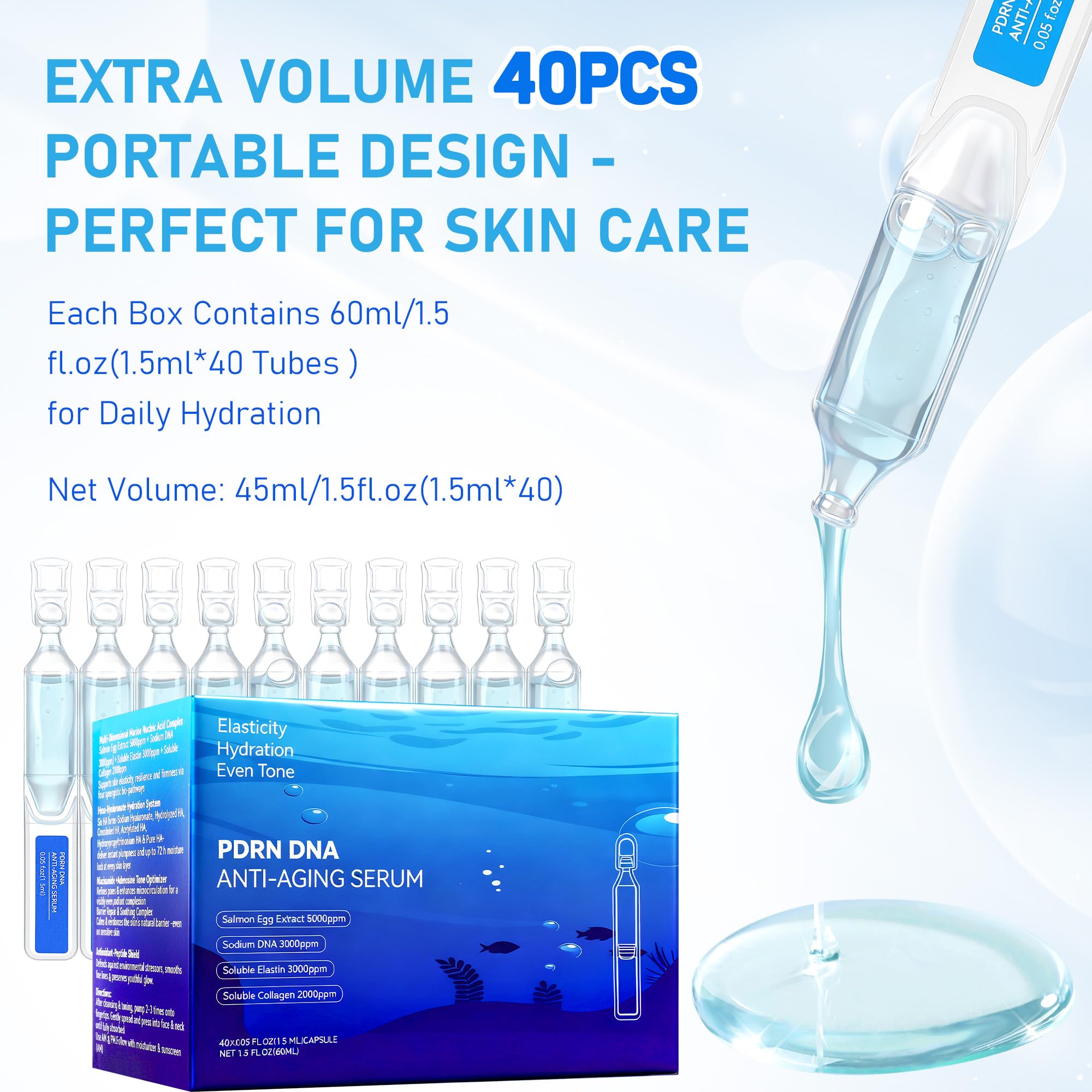 Trihood Salmon DNA PDRN Ampoule — Korean Collagen & Hyaluronic Acid Serum with Niacinamide & Glutathione (0.05 fl oz x 40)