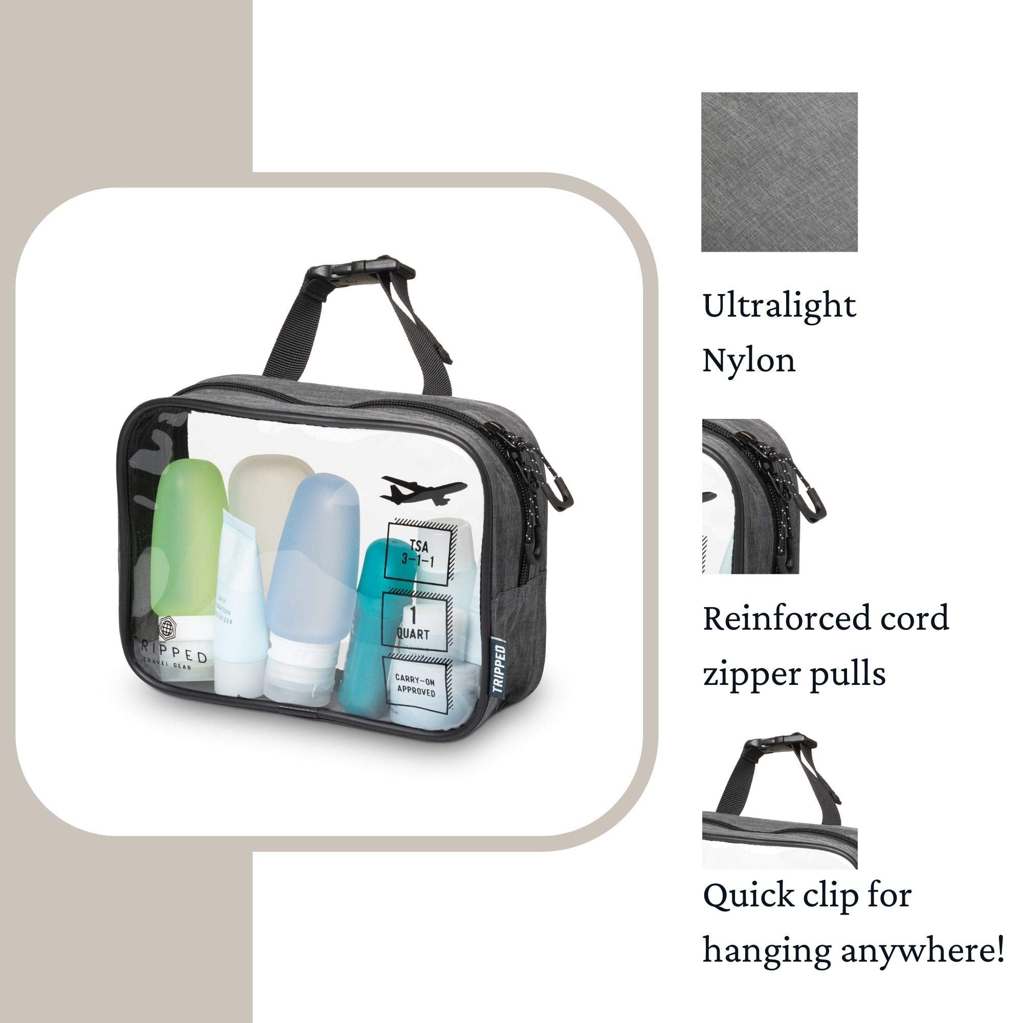 TRIPPED Toiletry Bag Set — Hanging Bag + TSA 311 Liquids Bag + Ultralight Organizer (Grey)
