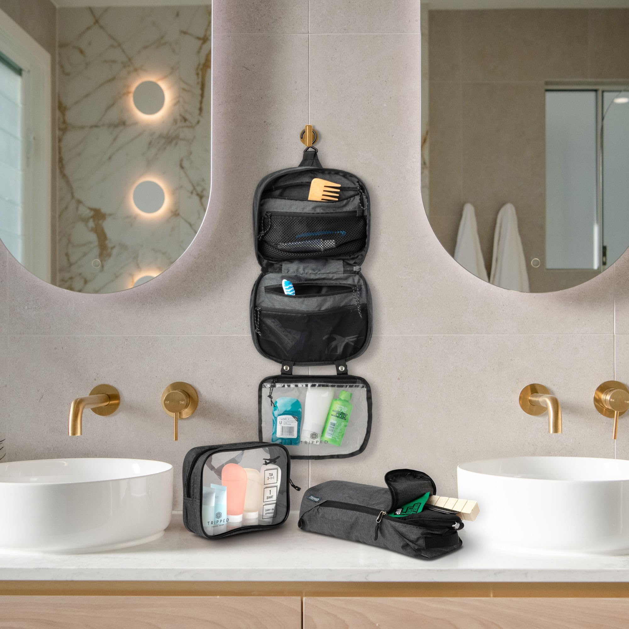 TRIPPED Toiletry Bag Set — Hanging Bag + TSA 311 Liquids Bag + Ultralight Organizer (Grey)