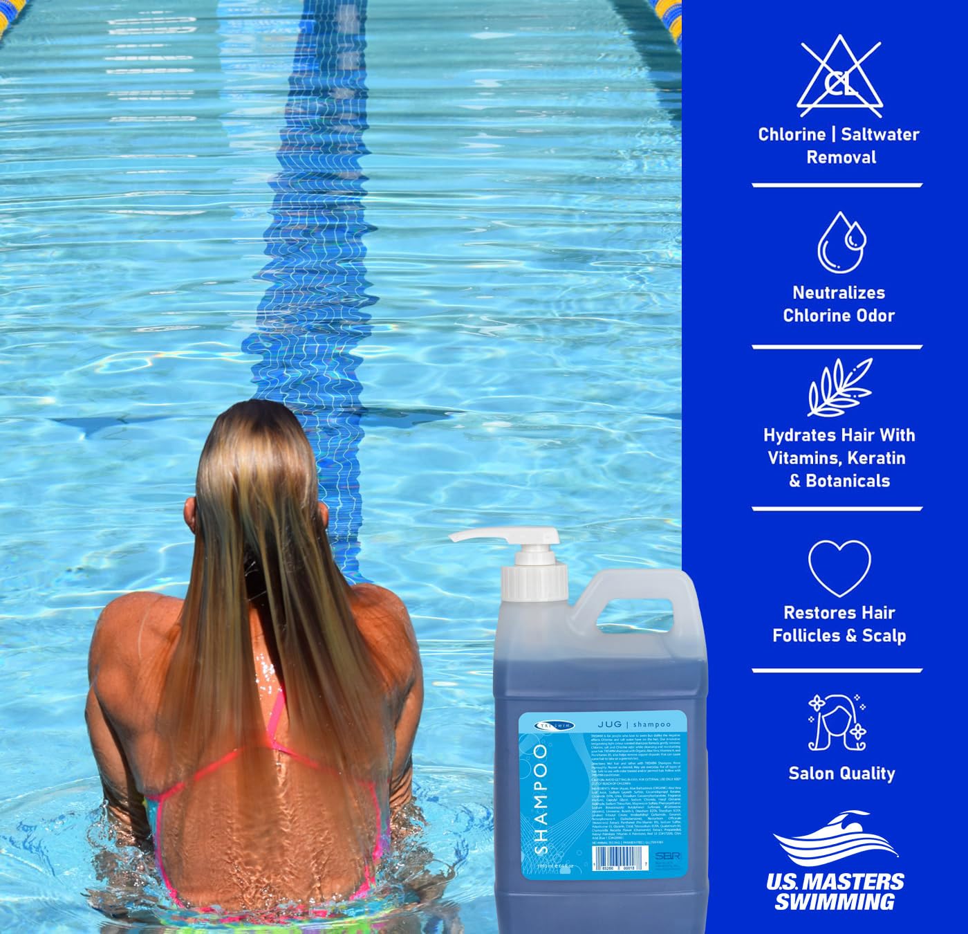 TRISWIM Chlorine Removal Shampoo 64oz with Pump – Removes Chlorine, Bromine & Mineral Build-Up