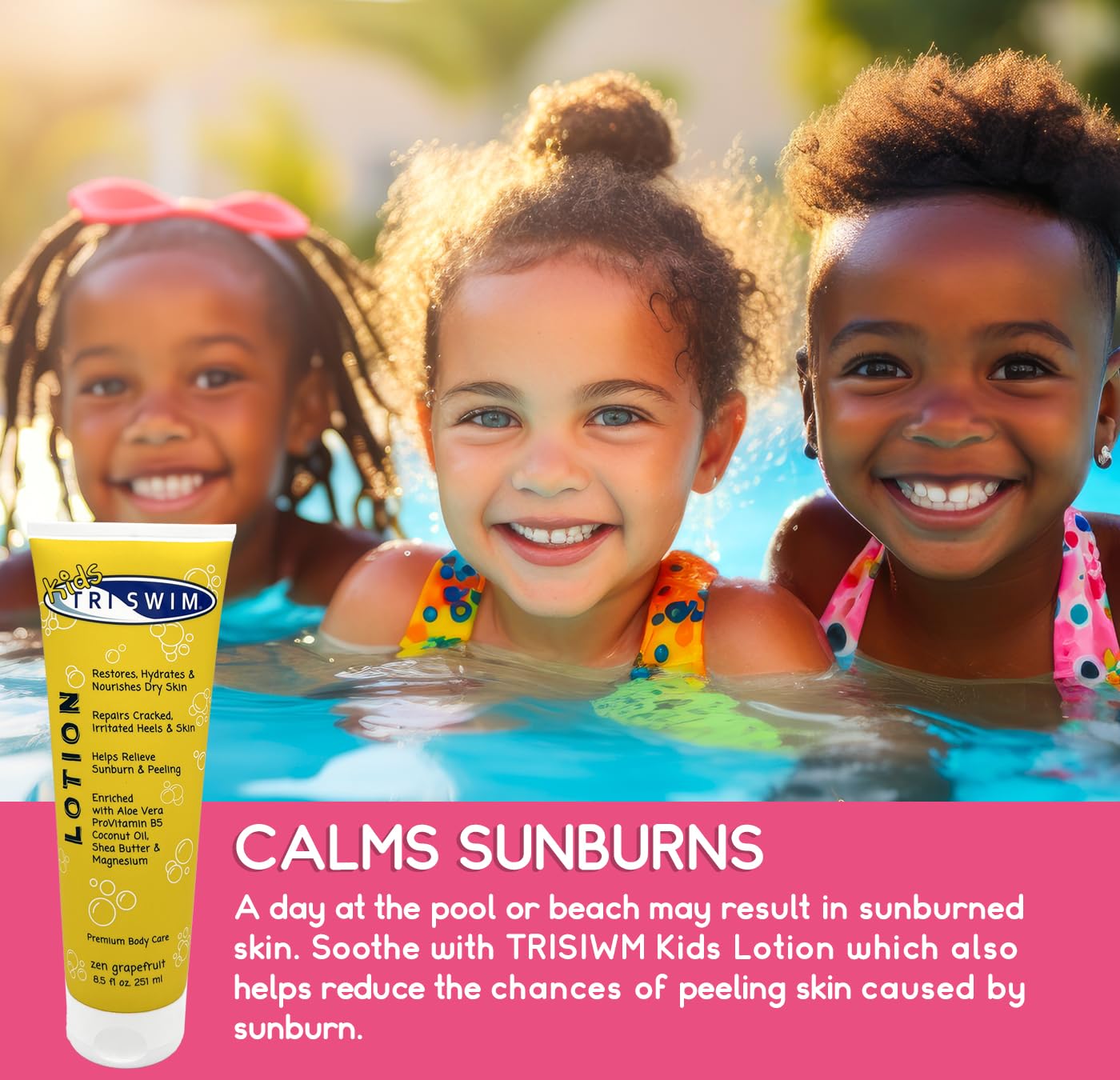 TRISWIM Kids Scented Swim Body Lotion – 8.5 oz | Aloe Vera Hydration & Chlorine Odor Removal | Zen Grapefruit