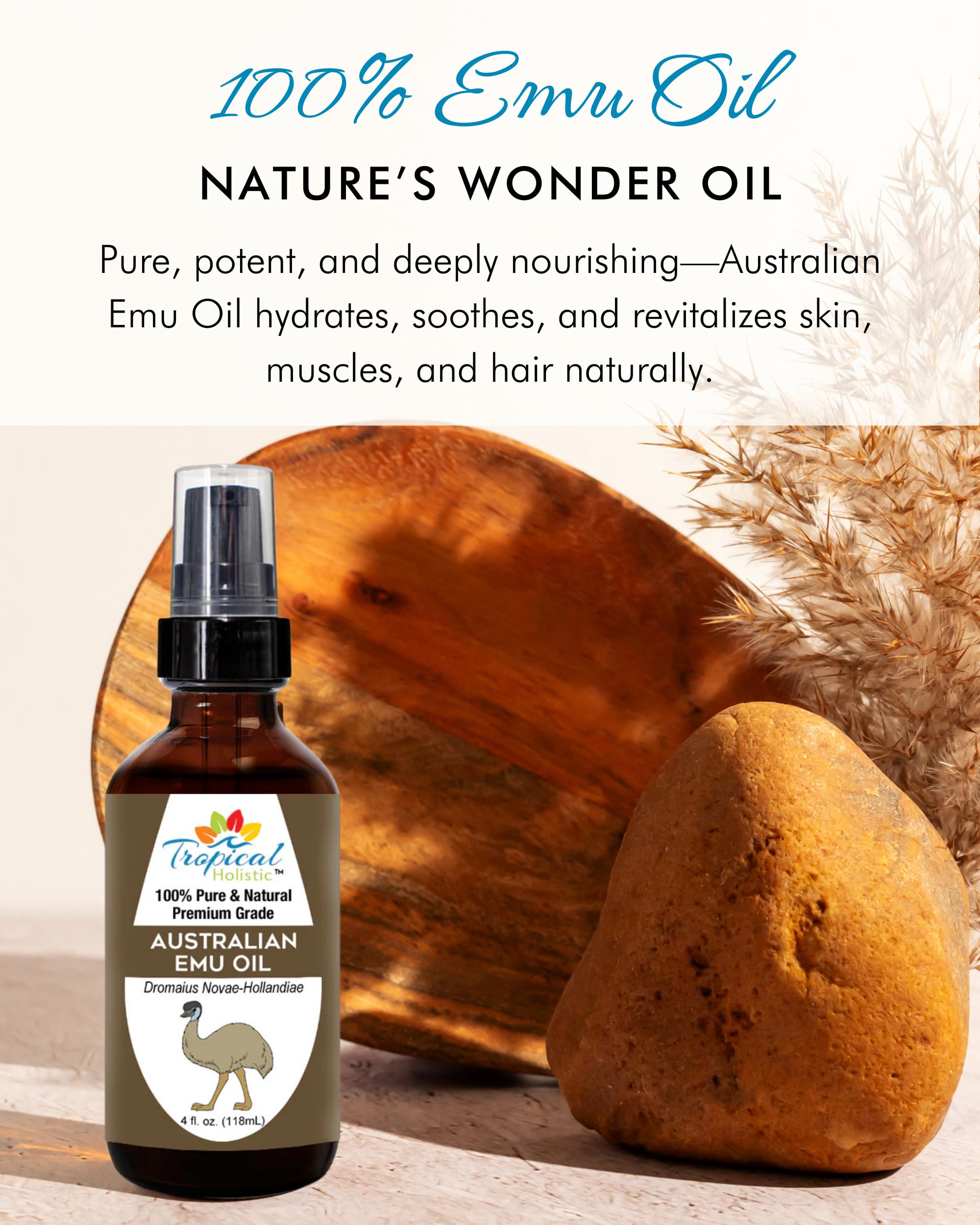 Tropical Holistic 100% Pure Australian Emu Oil 4 oz – Premium Undiluted Moisturizer for Skin, Hair, Nails