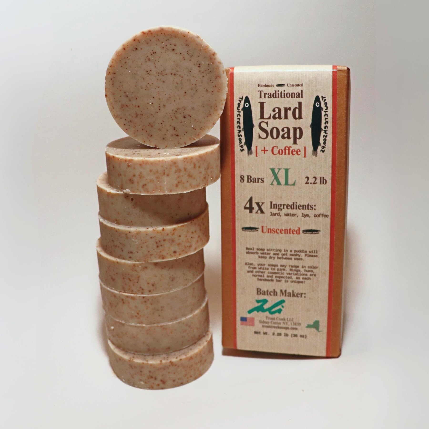 troutcreeksoaps Traditional Lard Soap + Coffee – 8 Bars, Unscented, Handmade in USA