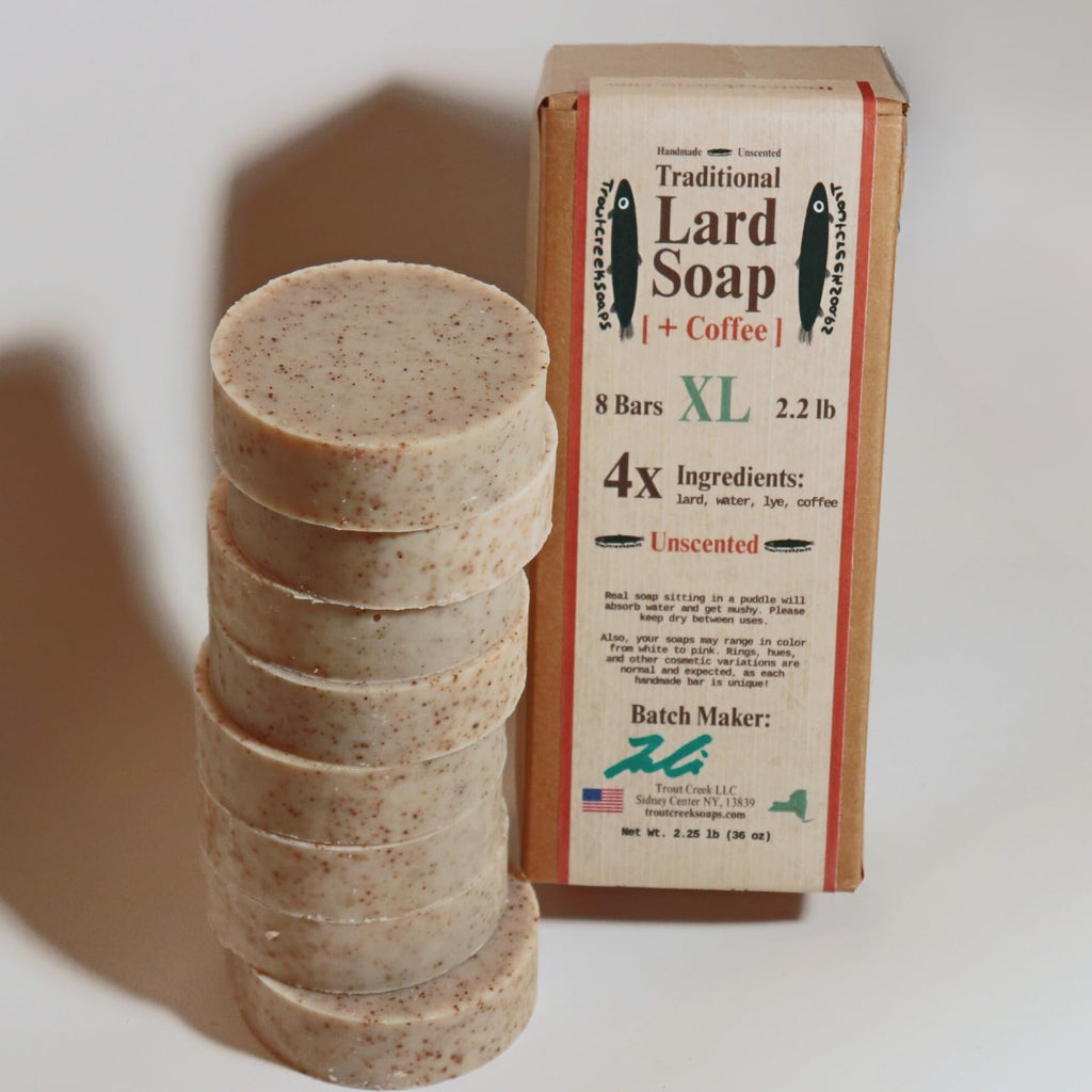 troutcreeksoaps Traditional Lard Soap + Coffee – 8 Bars, Unscented, Handmade in USA