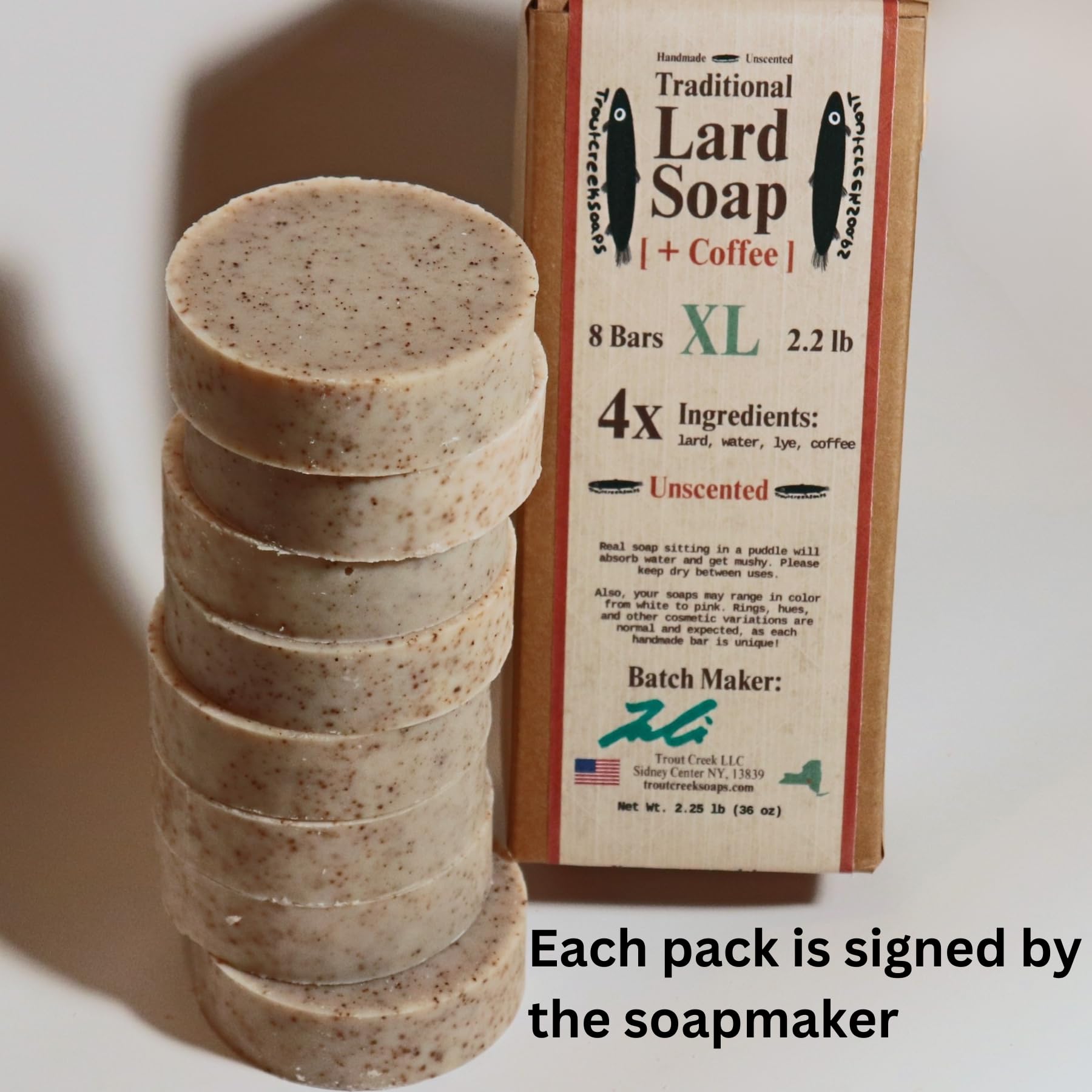 troutcreeksoaps Traditional Lard Soap + Coffee – 8 Bars, Unscented, Handmade in USA