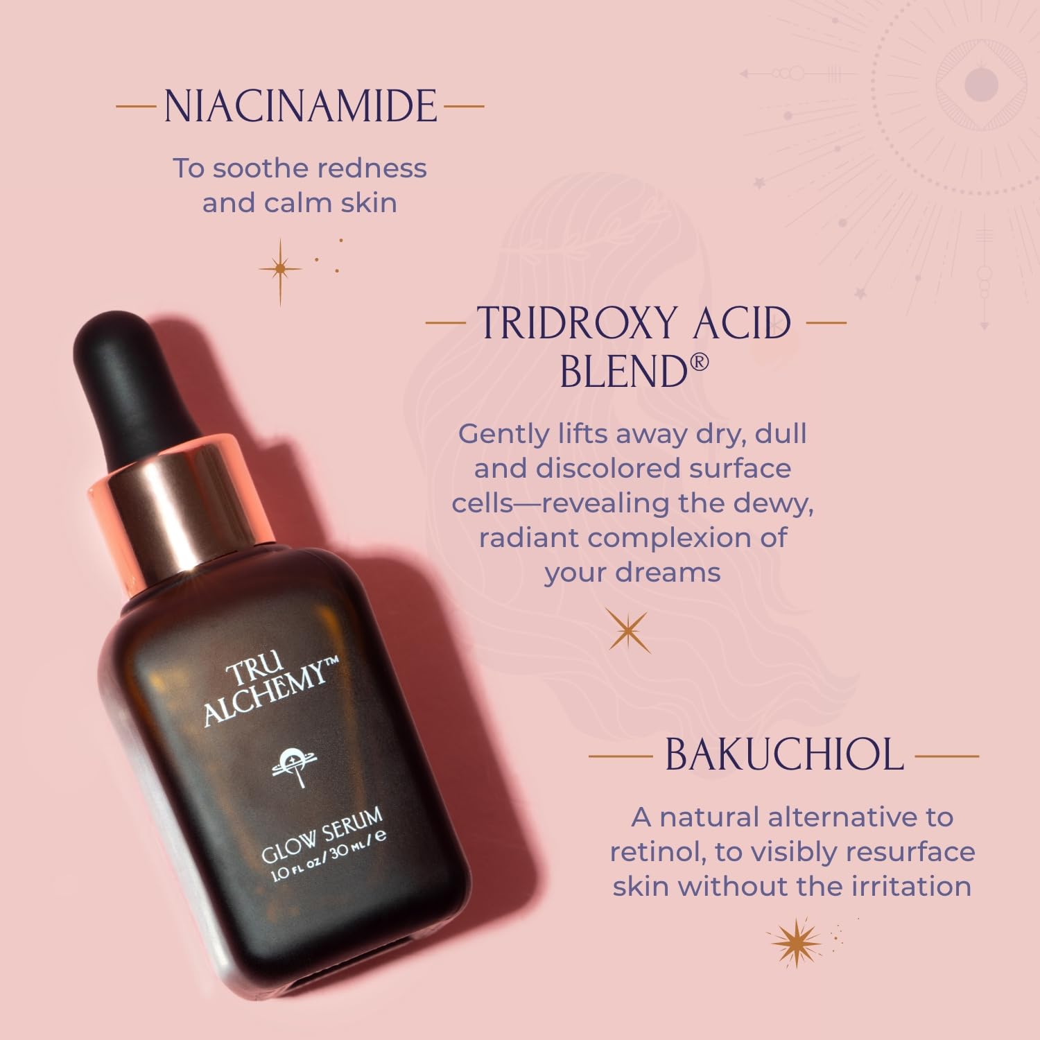 Tru Alchemy Vitamin C Glow Serum – Hydrating Brightening Serum with Bakuchiol, Glycolic & Lactic Acid | 1 fl oz