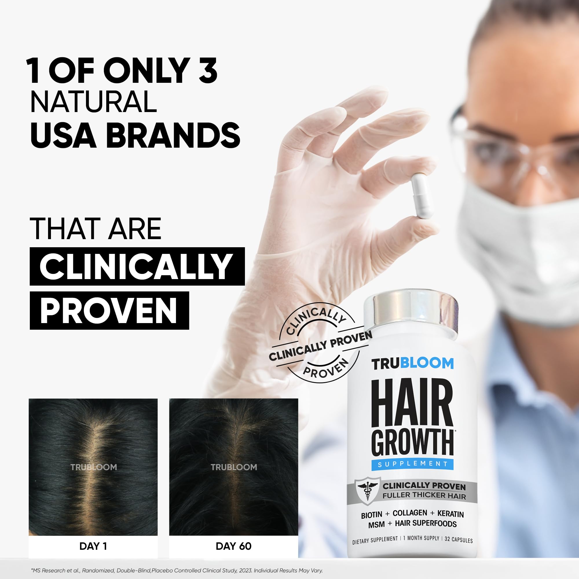 Tru Bloom Hair Growth Vitamins – 1 Month Supply | Fuller, Thicker Hair (Drug-Free)