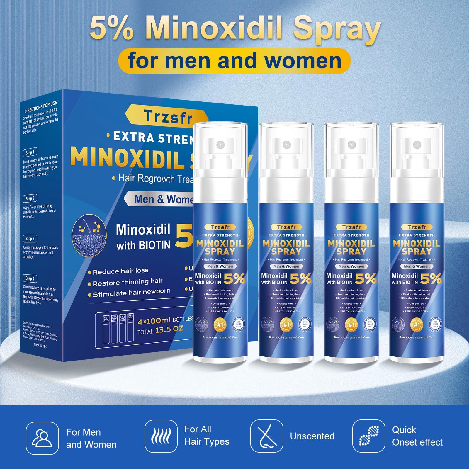 Trzsfr 5% Minoxidil Spray for Hair Growth — Extra Strength with Biotin | 12-Month 8-Pack (28 fl oz)