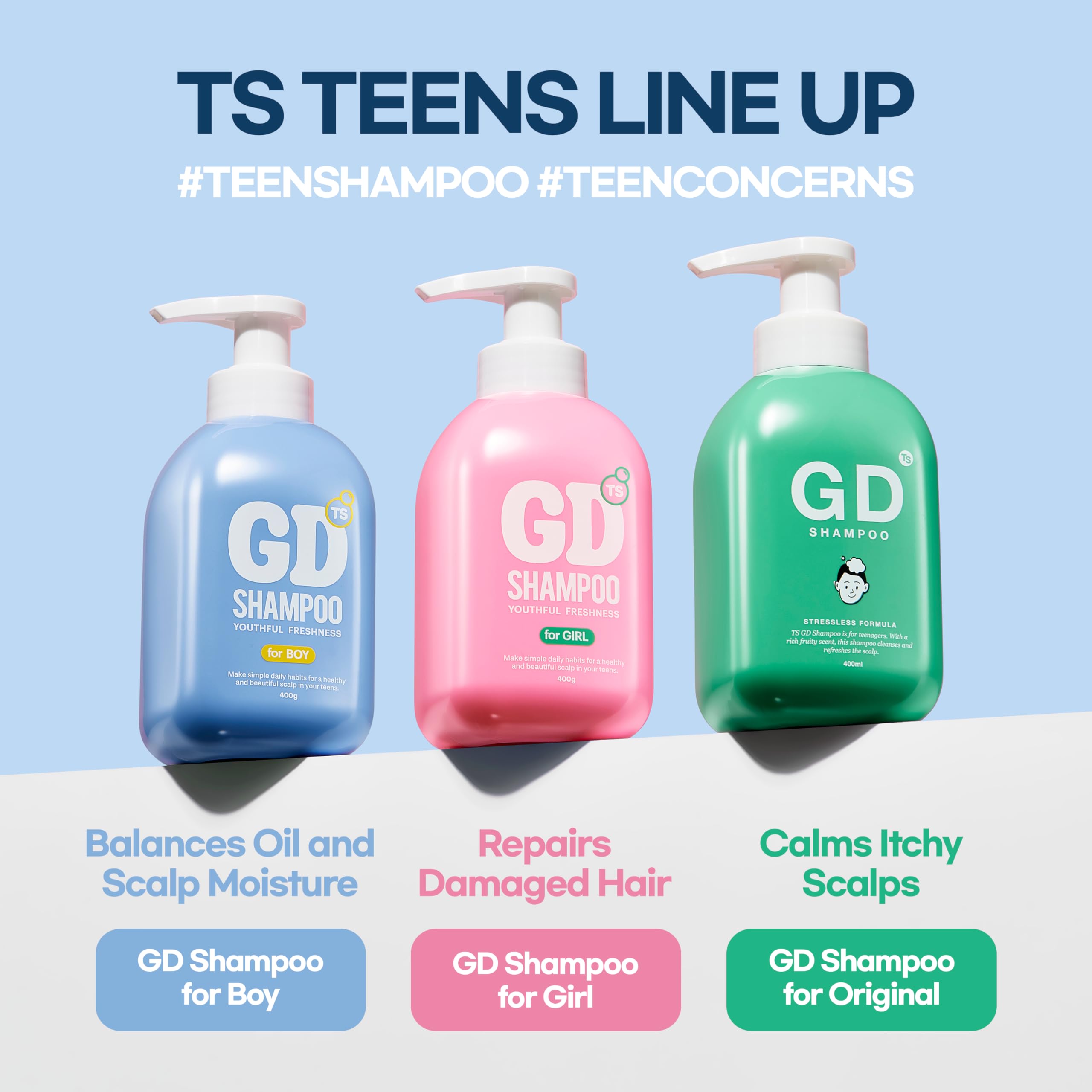 TS GD Shampoo for Flake Prone Scalp (14.1 oz) – Teen Hair Care, SLS/SLES Free, Korean Formula | Blue