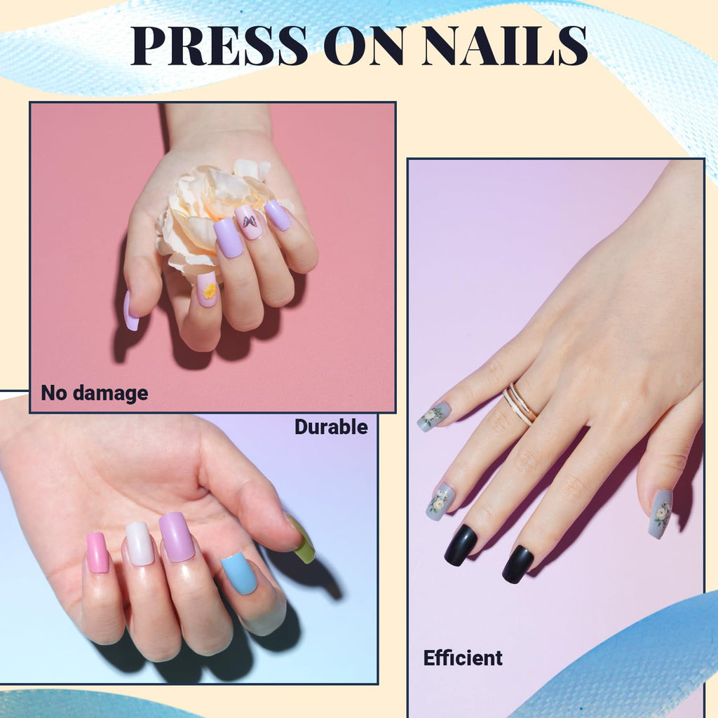 TsMADDTs Medium Square Press On Nails - 720 Pcs Kit with Glue, Files & Tools
