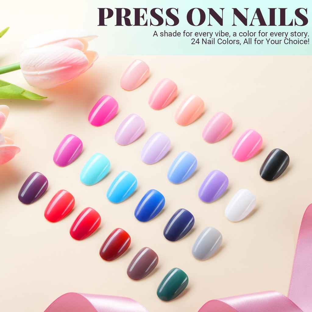 TsMADDTs 24 Colors Press On Nails Kit – 720 Short Oval Nails with Glue, Tabs, Stickers & Tools