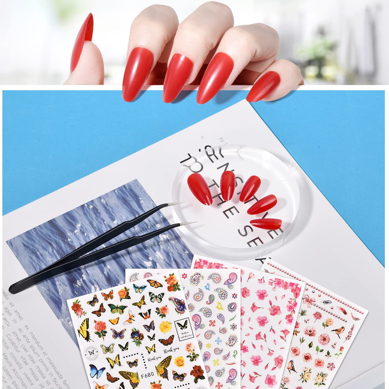 TsMADDTs Press On Nails Almond – 24 Colors, 720 pcs Kit with Glue, Tabs, Stickers & Tweezers