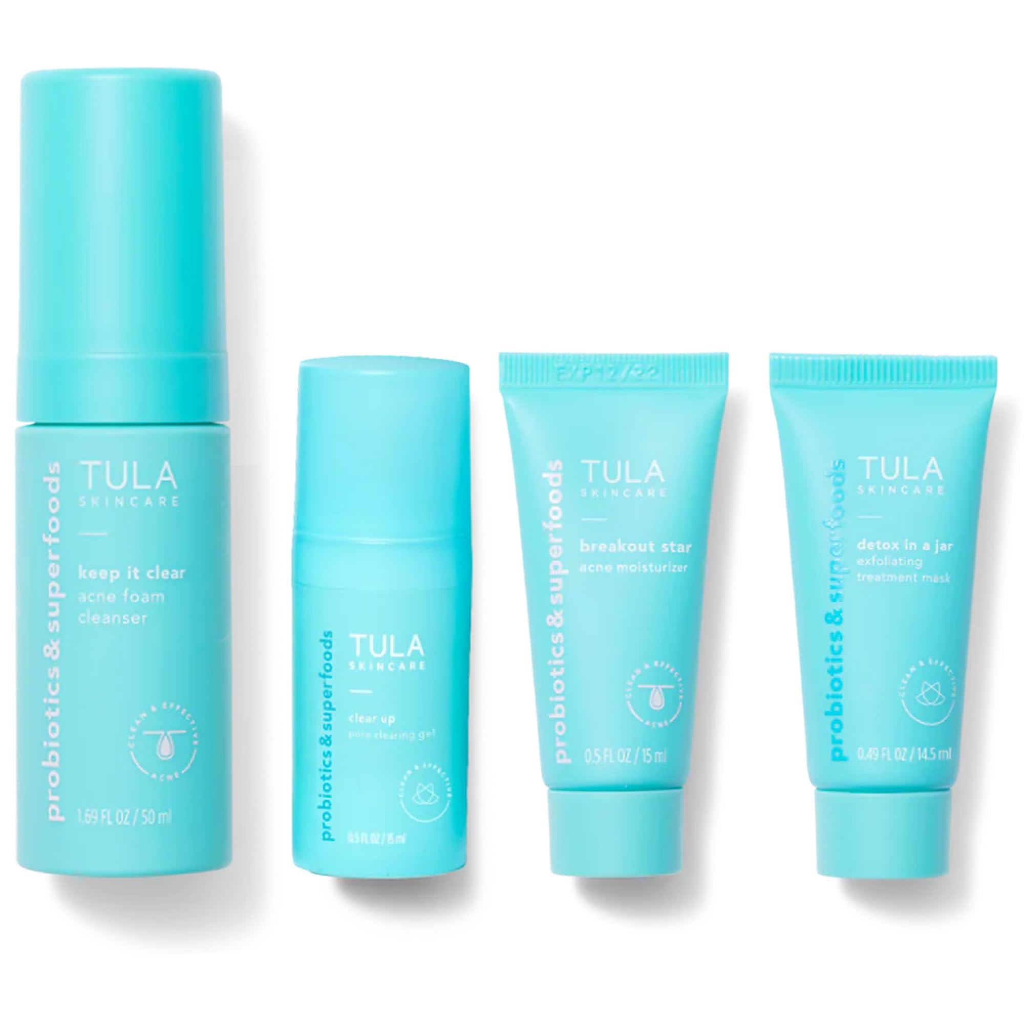 TULA Clear Skin Starters Acne & Blemish Kit – 4-Piece Travel Set (Foam Cleanser, Gel, Moisturizer, Mask)