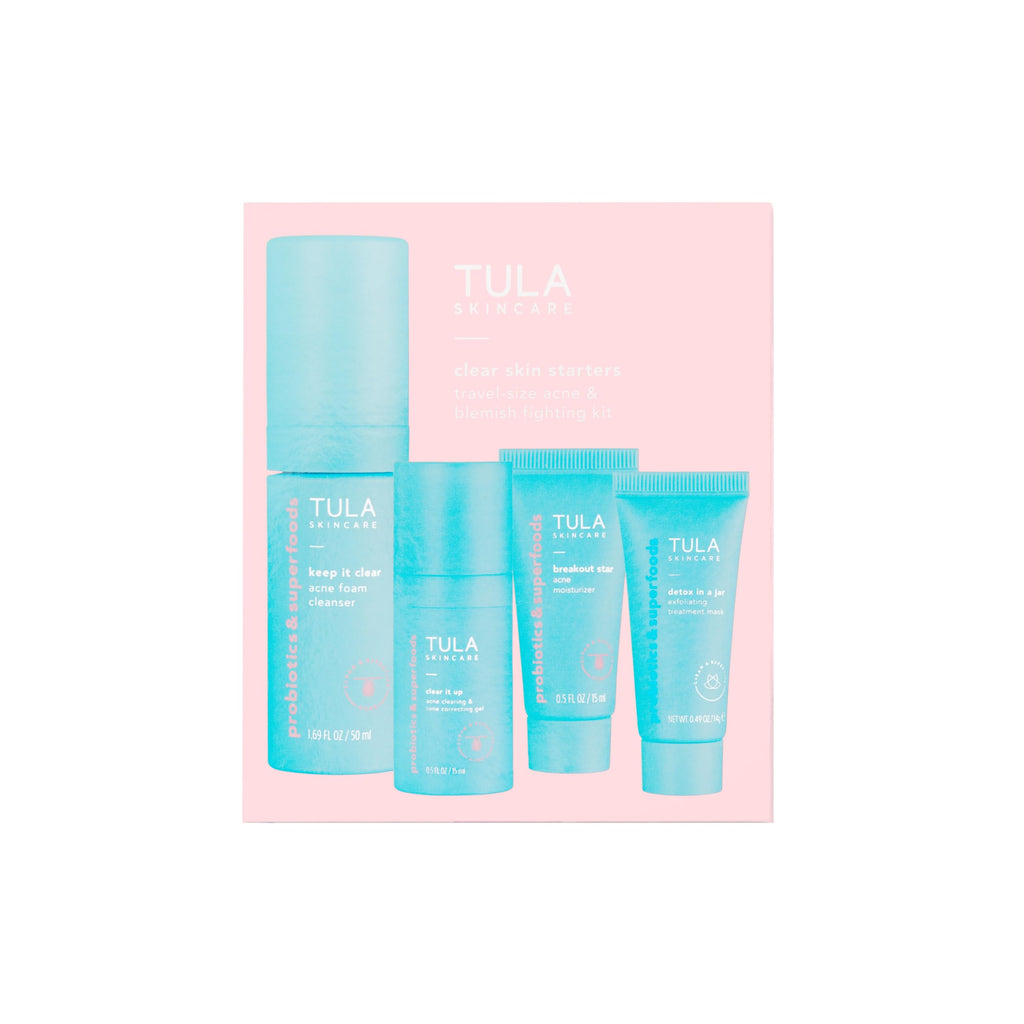 TULA Clear Skin Starters Acne & Blemish Kit – 4-Piece Travel Set (Foam Cleanser, Gel, Moisturizer, Mask)