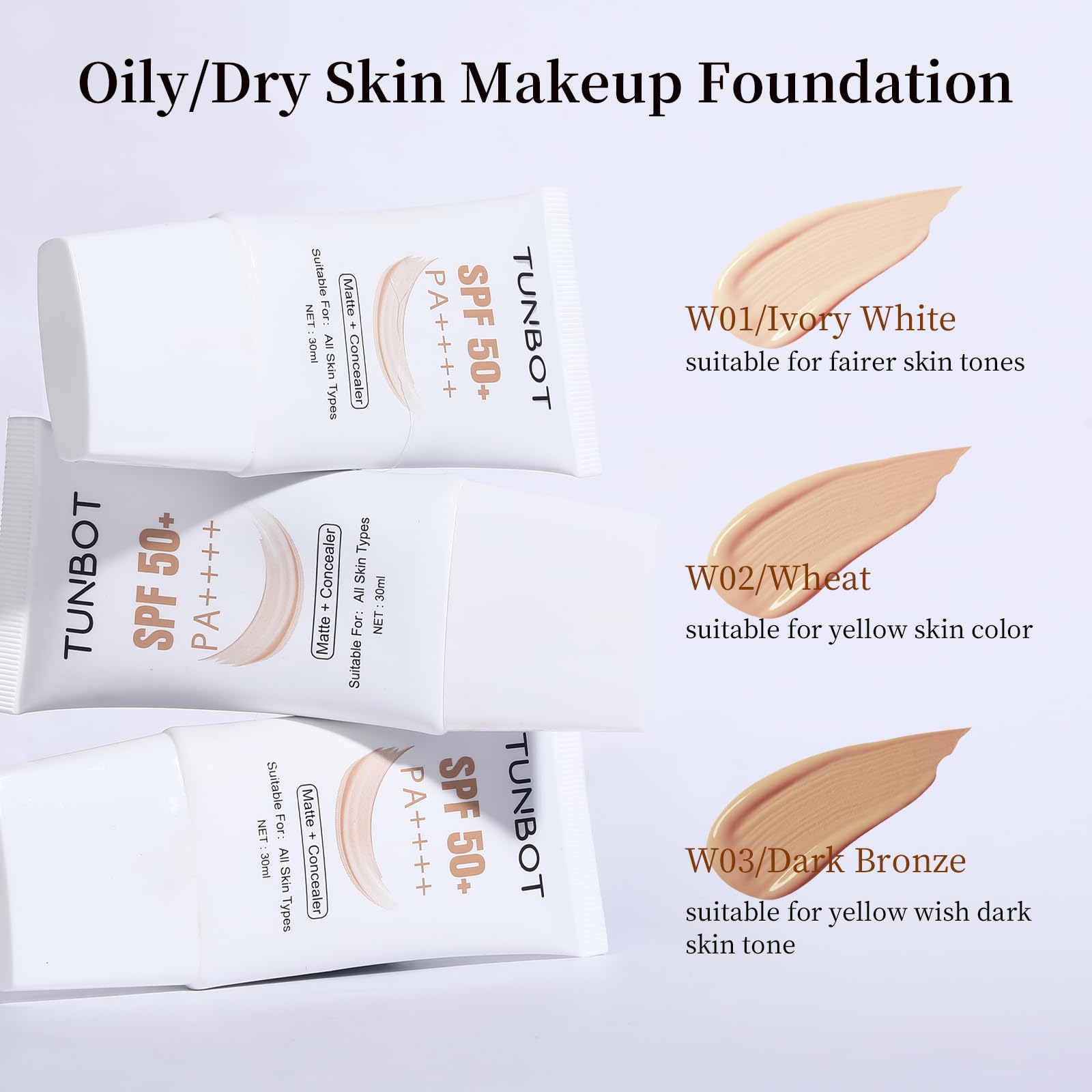 TUNBOT Concealer Foundation SPF 50 – Long-Lasting, Full Coverage Liquid Foundation (Unscented, 30ml)