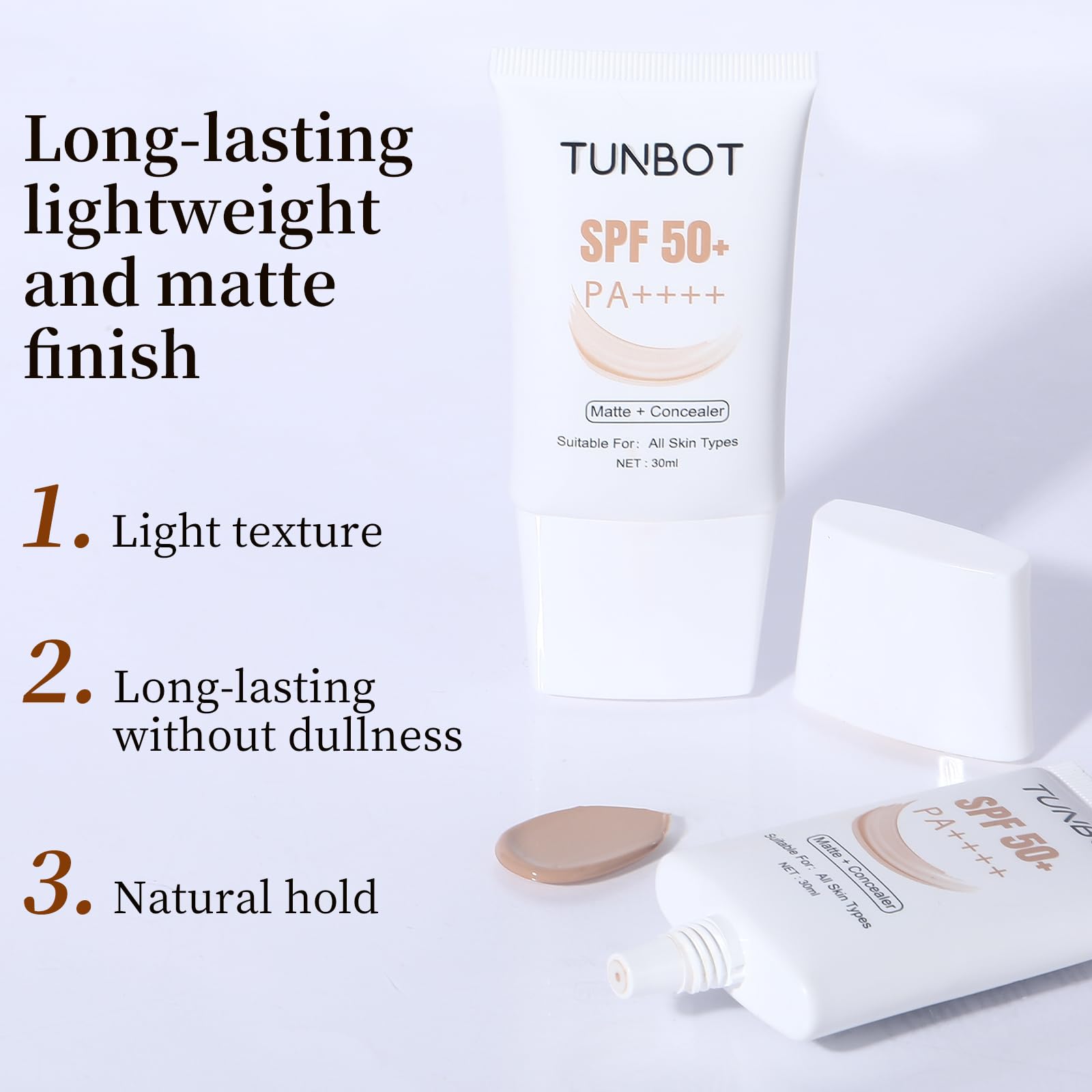 TUNBOT Concealer Foundation SPF 50 – Long-Lasting, Full Coverage Liquid Foundation (Unscented, 30ml)