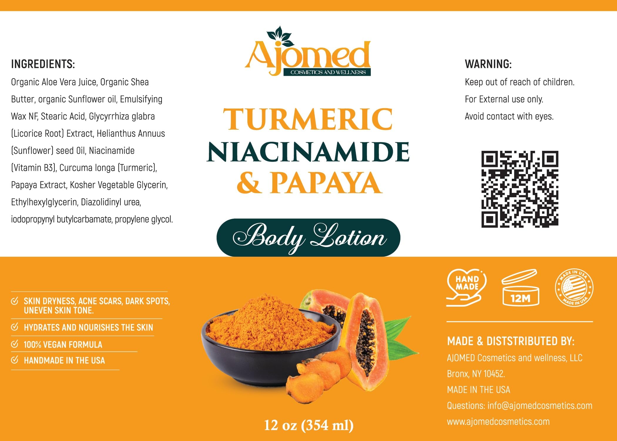 Turmeric Body Lotion with Niacinamide & Papaya – Handmade Moisturizer for All Skin Types | Even Tone, Dark Spots, Acne Scars