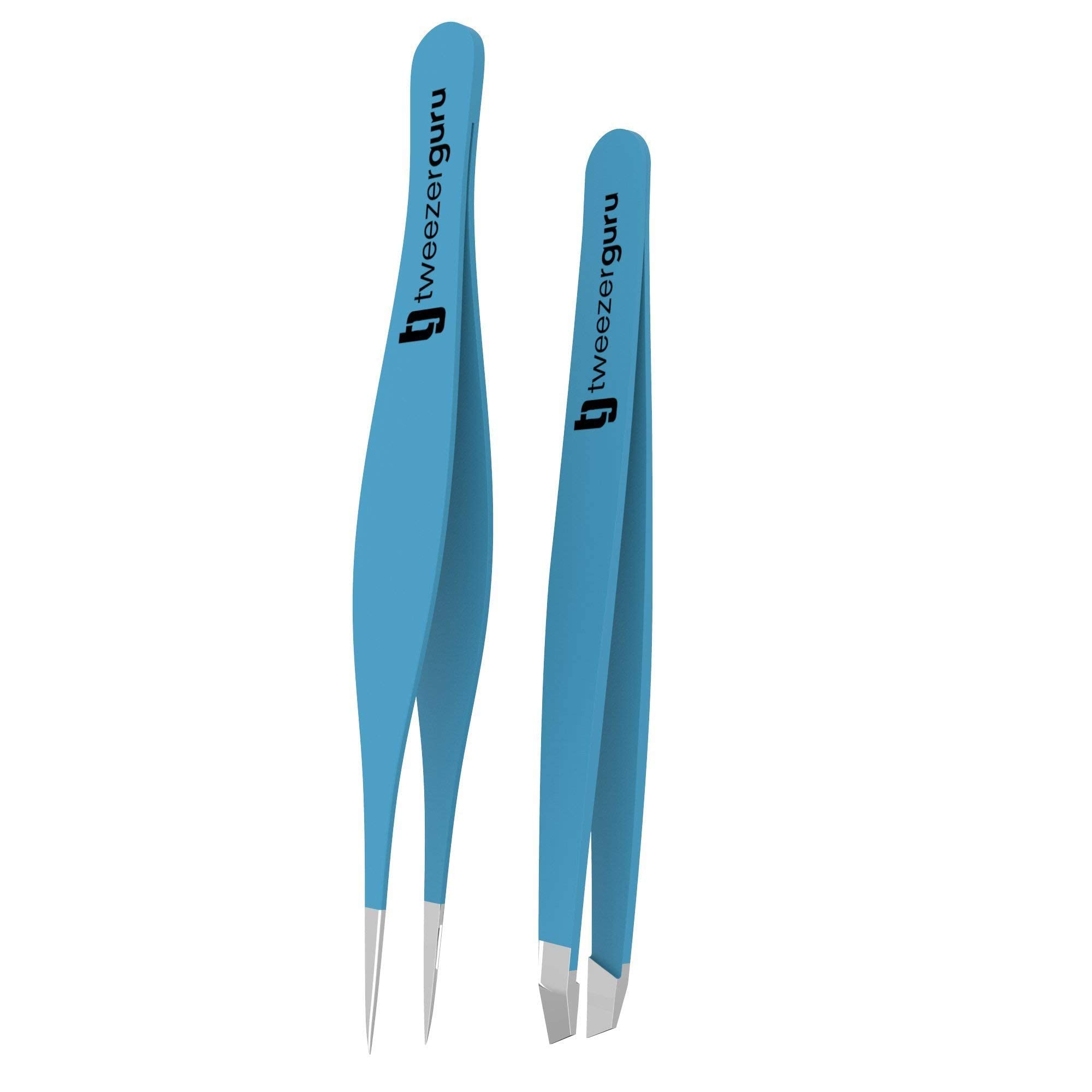 TWEEZER GURU Eyebrow Tweezers Set of 2 – Slant & Pointed Stainless Steel (Teal)