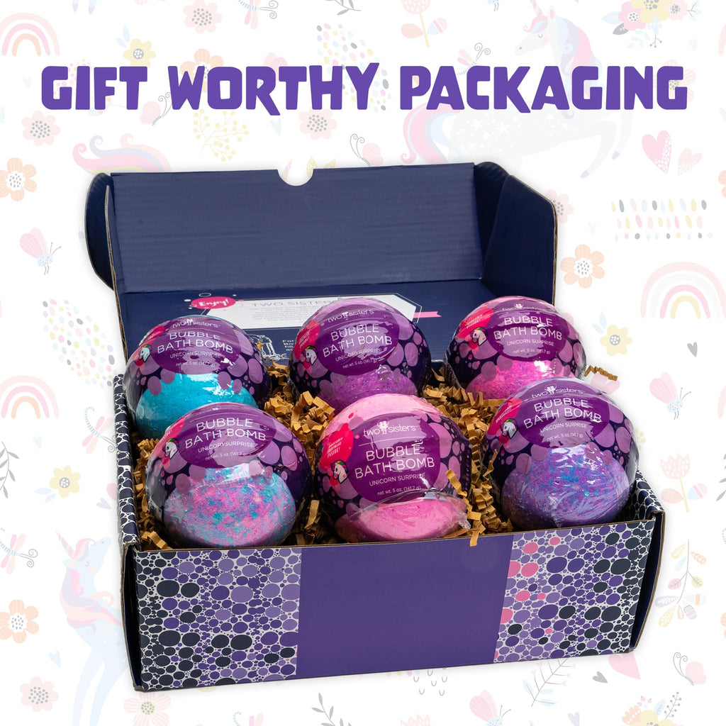 Two Sisters Unicorn Bath Bombs (6 Pack) – Surprise Toy Inside, Fruity Scents, Made in USA