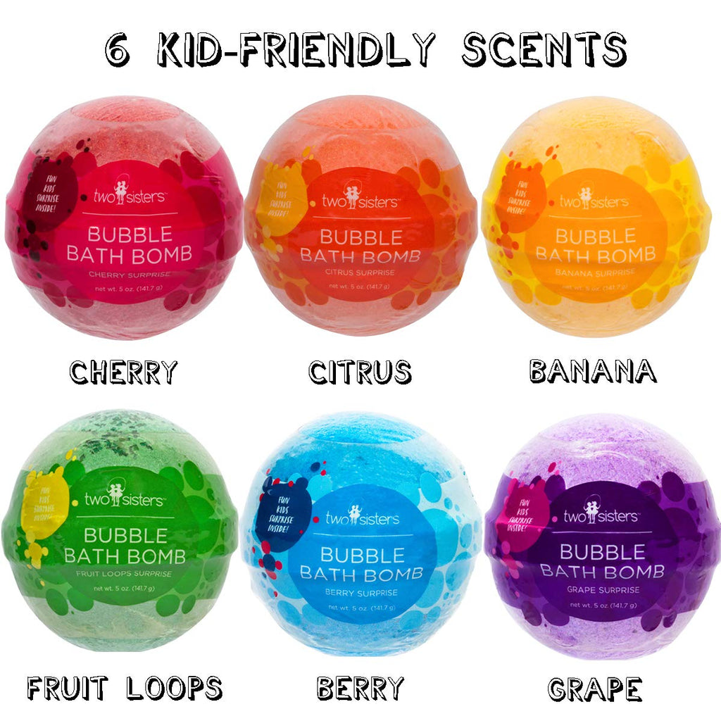 Two Sisters Kids Bath Bombs with Surprise Toys Inside (6 Pack) – Colorful Bubbles, Moisturizing & Tub-Safe, USA Made