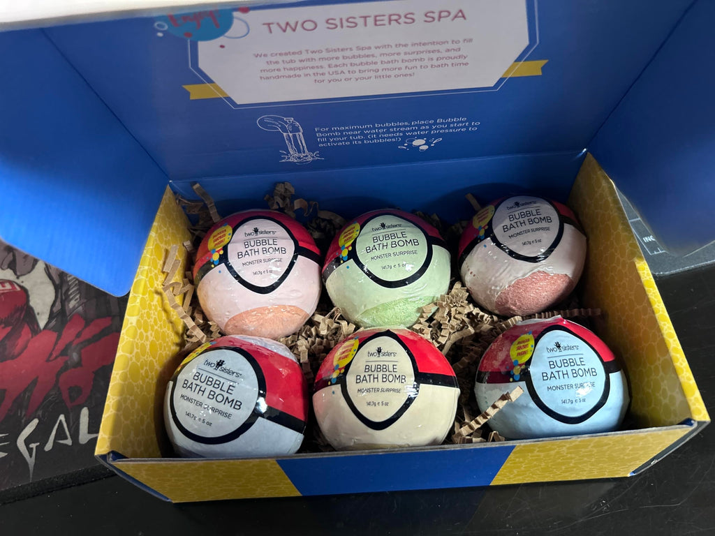 Two Sisters Poke Monster Bath Bombs - 6 Pack with Surprise Inside, Fruity Scents, USA Made