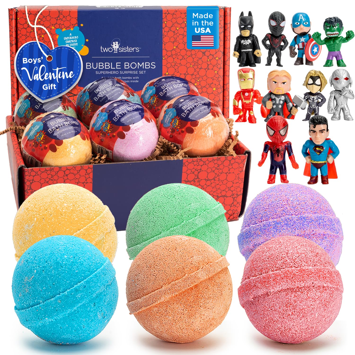 Two Sisters Superhero Bath Bombs for Kids (6 Pack) – Surprise Toys, Fruity Scents, Made in USA