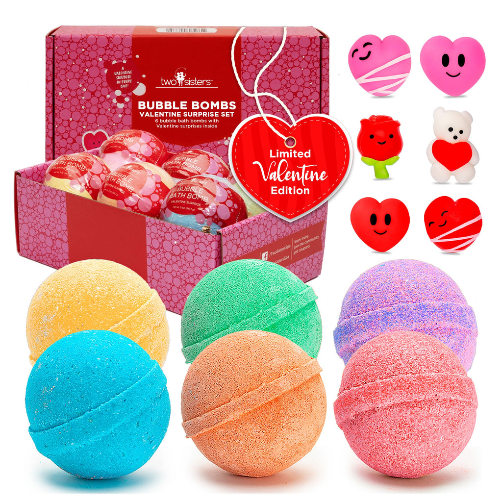 Two Sisters Valentines Bath Bombs for Kids – 6 Pack with Surprise Heart Toys Inside