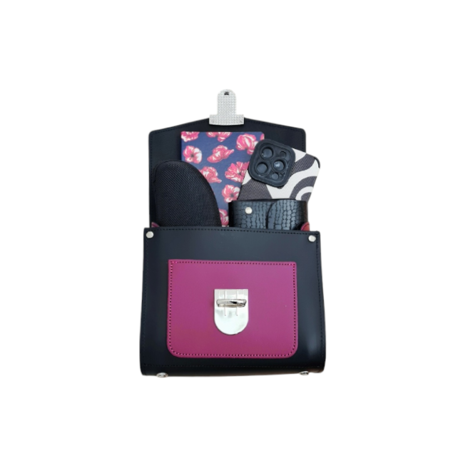 Handmade Leather Two Tone Sugarcube Handbag - Black & Magenta