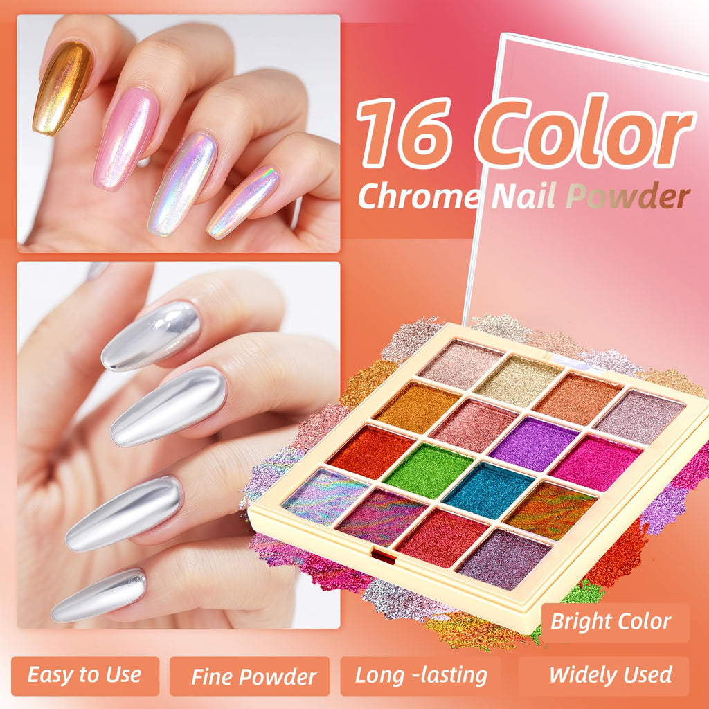 U-Shinein Chrome Nail Powder Palette – 16-Color Iridescent Nail Art Kit