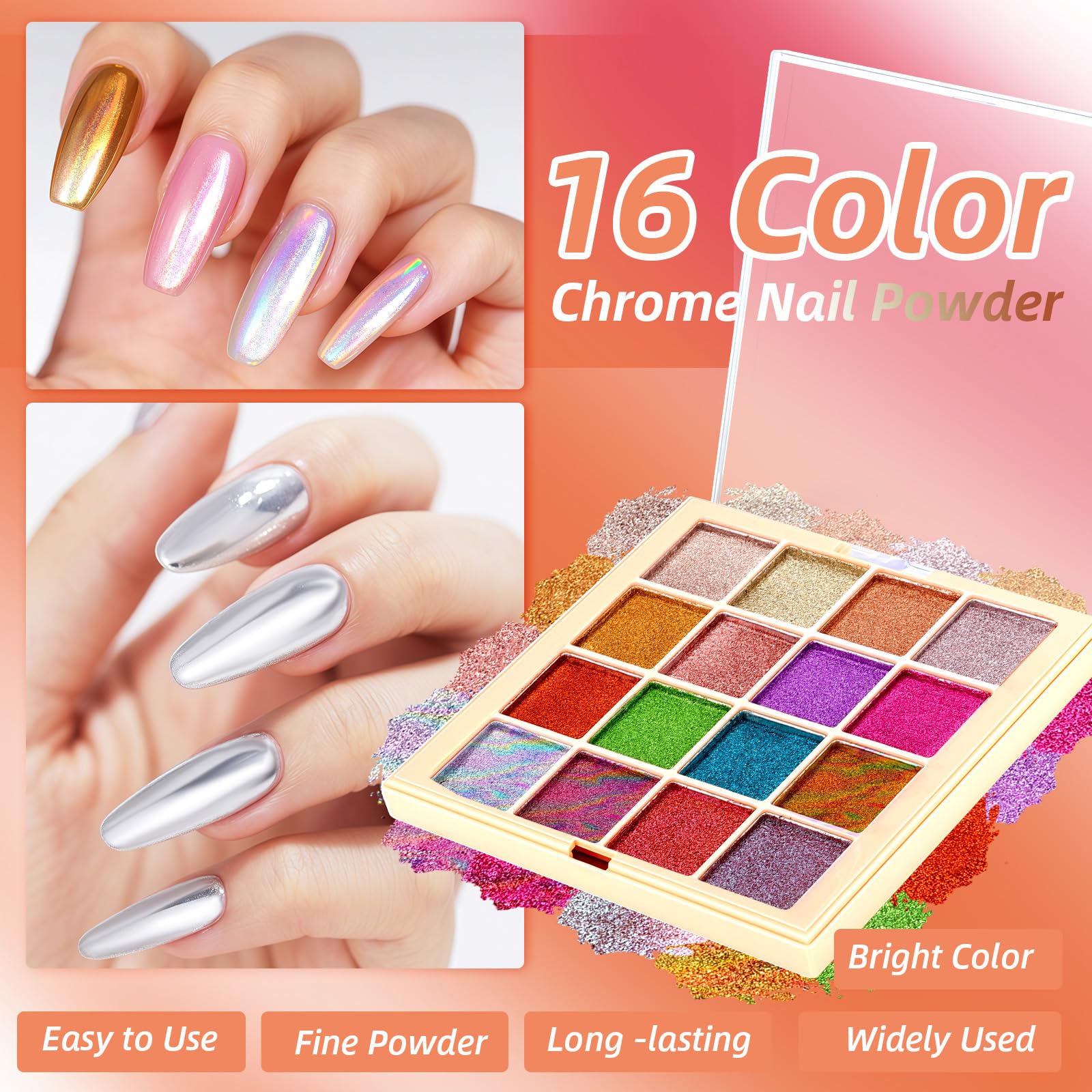 U-Shinein Chrome Nail Powder Palette – 16-Color Iridescent Nail Art Kit