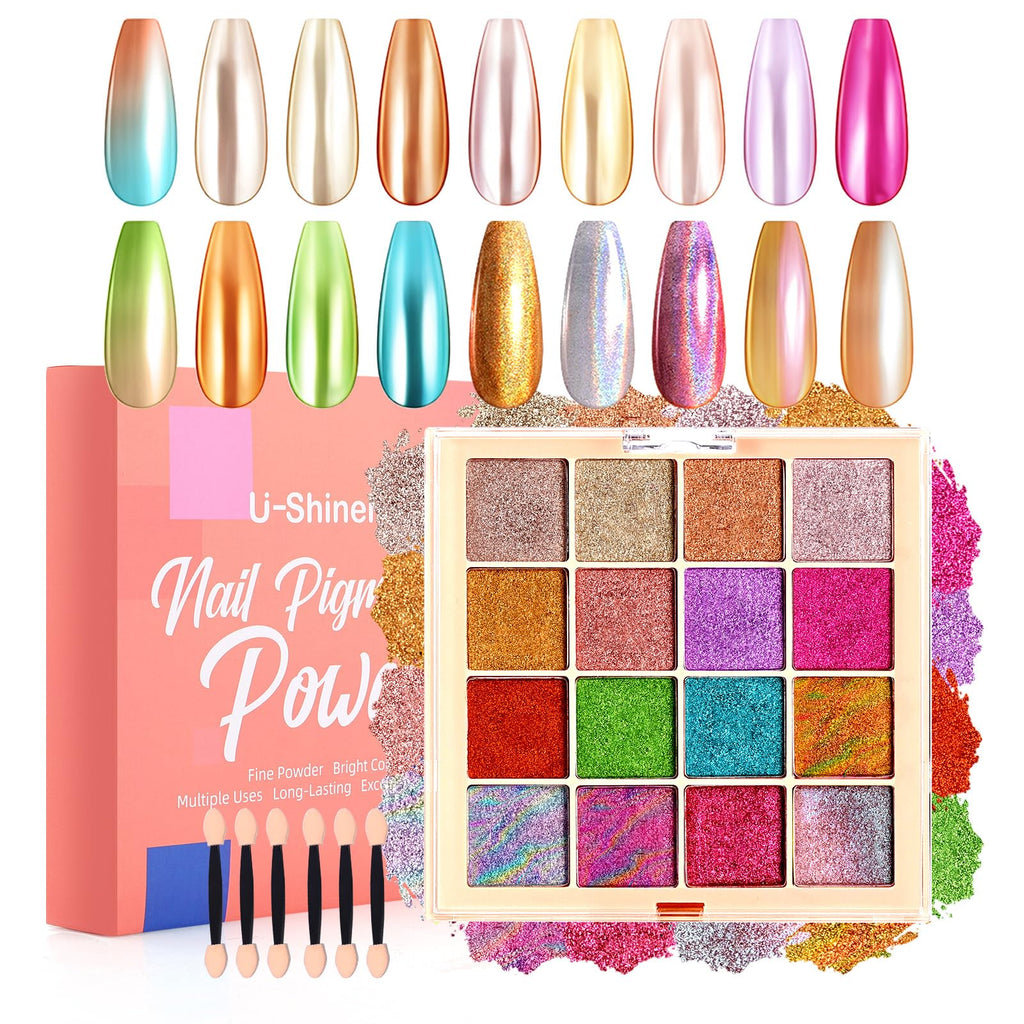 U-Shinein Chrome Nail Powder Palette – 16-Color Iridescent Nail Art Kit