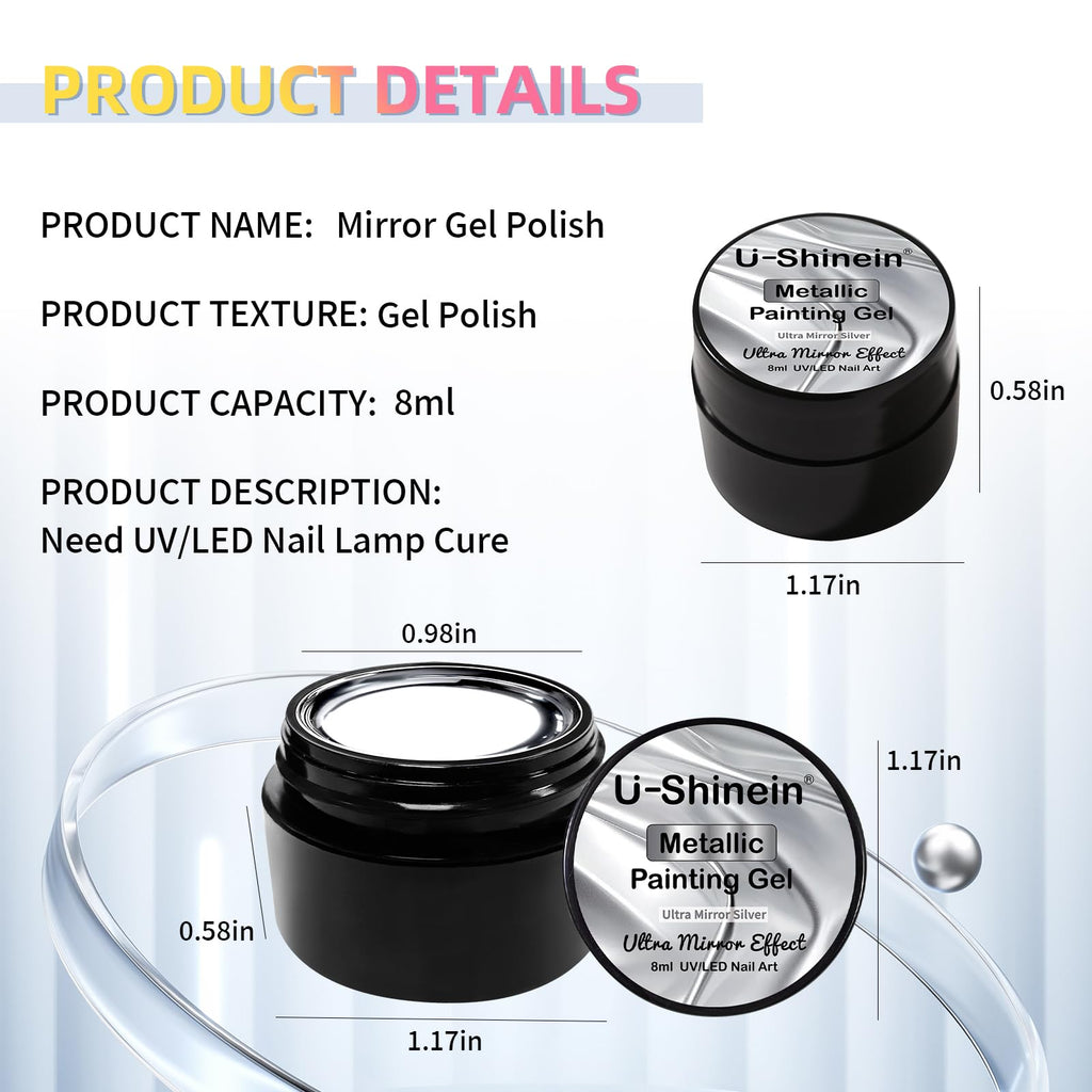 U-Shinein 8ml Metallic Painting Gel – Ultra Mirror Silver Nail Art