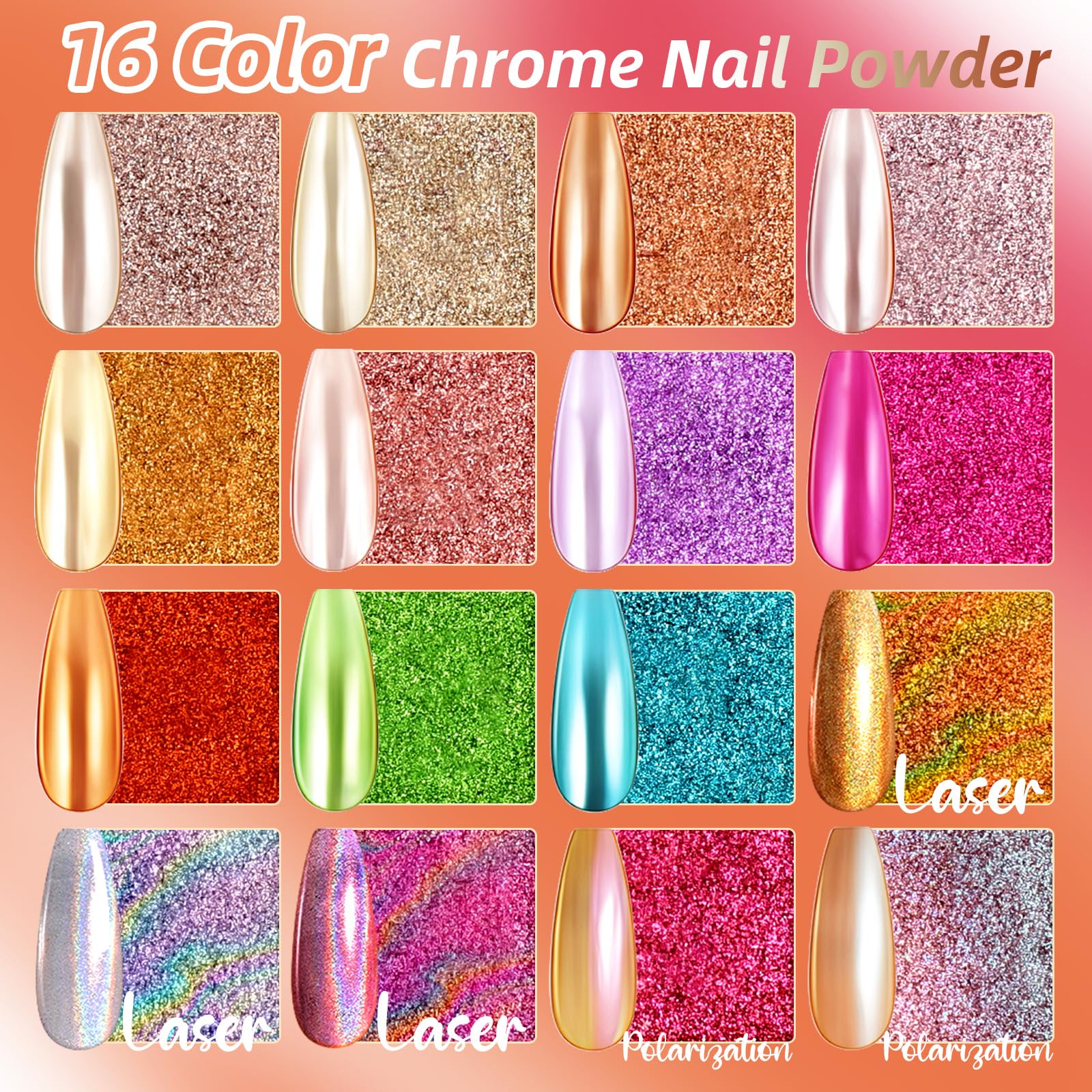U-Shinein Chrome Nail Powder Palette – 16-Color Iridescent Nail Art Kit