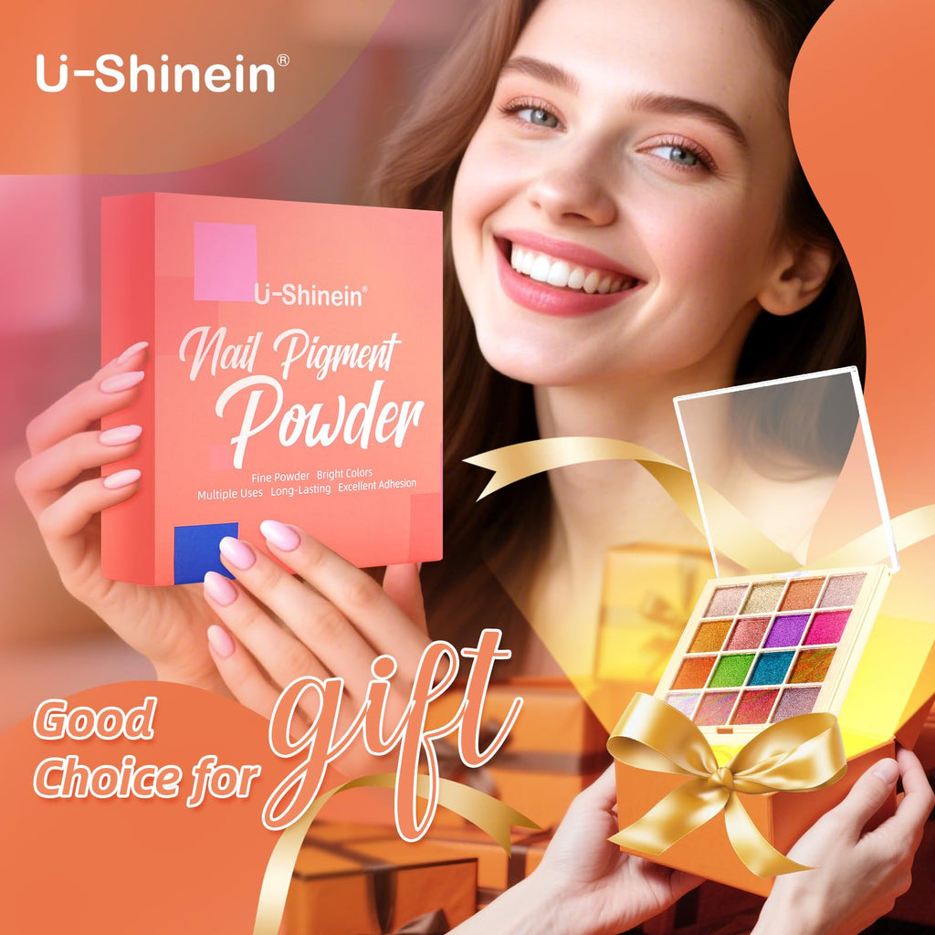 U-Shinein Chrome Nail Powder Palette – 16-Color Iridescent Nail Art Kit