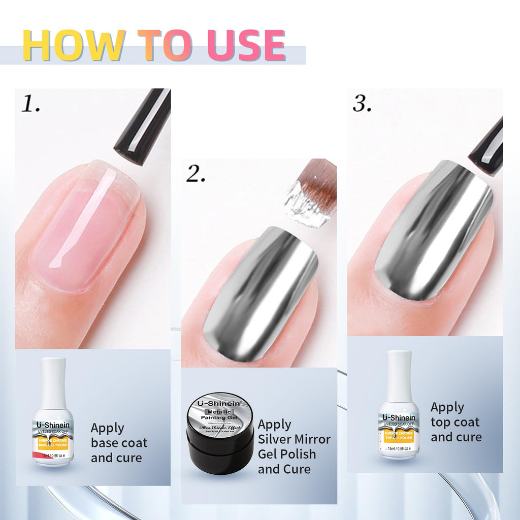 U-Shinein 8ml Metallic Painting Gel – Ultra Mirror Silver Nail Art