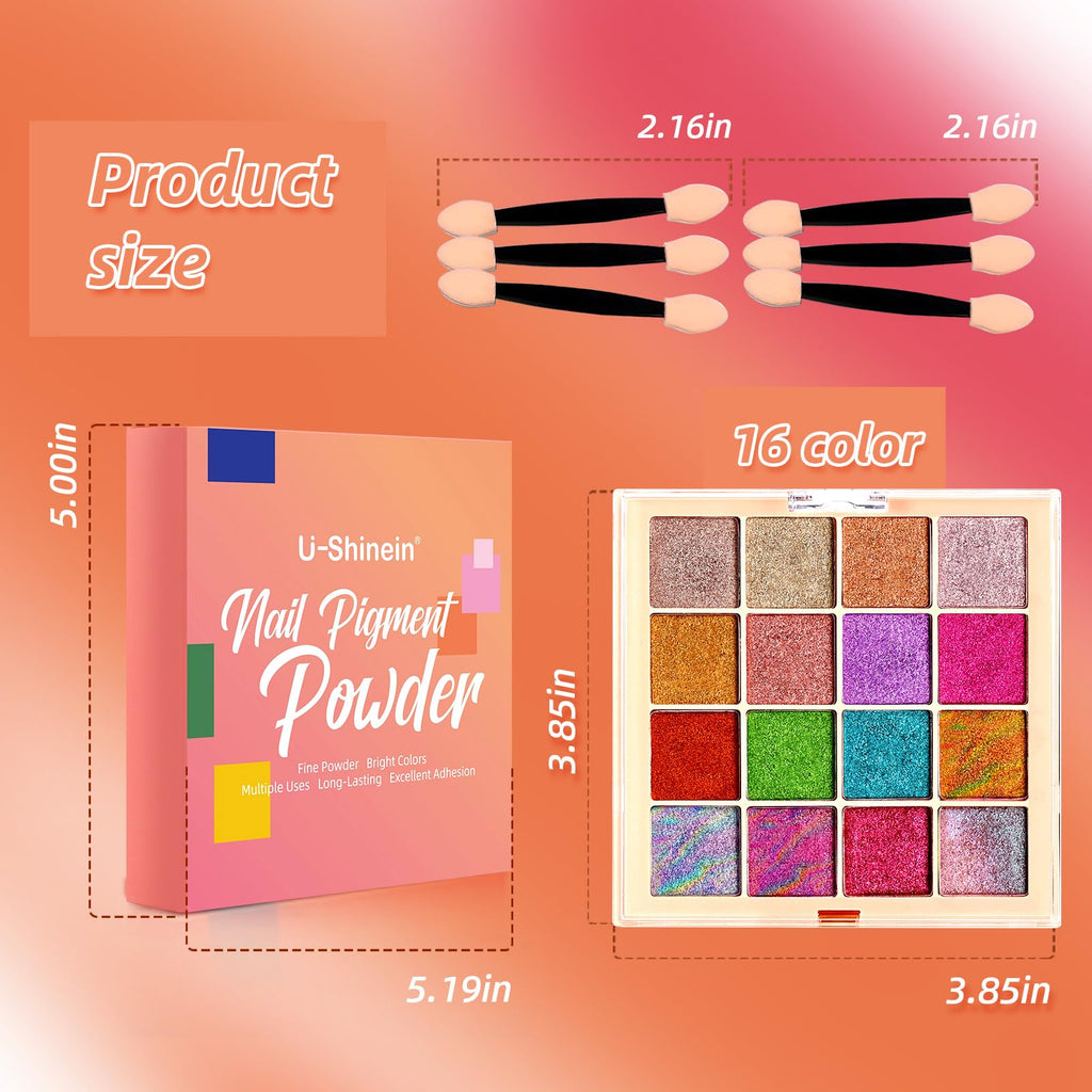 U-Shinein Chrome Nail Powder Palette – 16-Color Iridescent Nail Art Kit