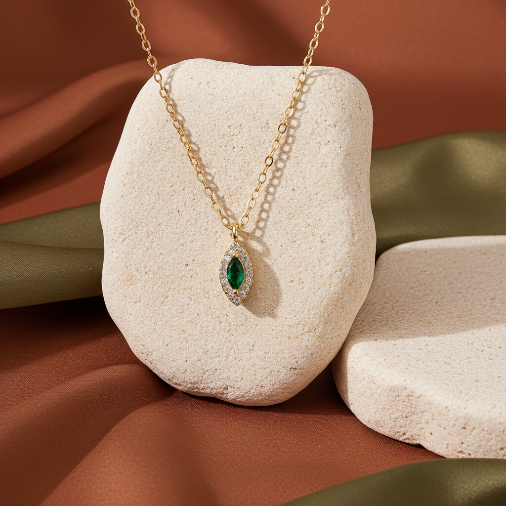 Ameya 14k Gold-Plated Sterling Silver Necklace with Emerald Pendant & Crystal Accents – Elegant Marquise Design, Delicate Luxury Jewelry