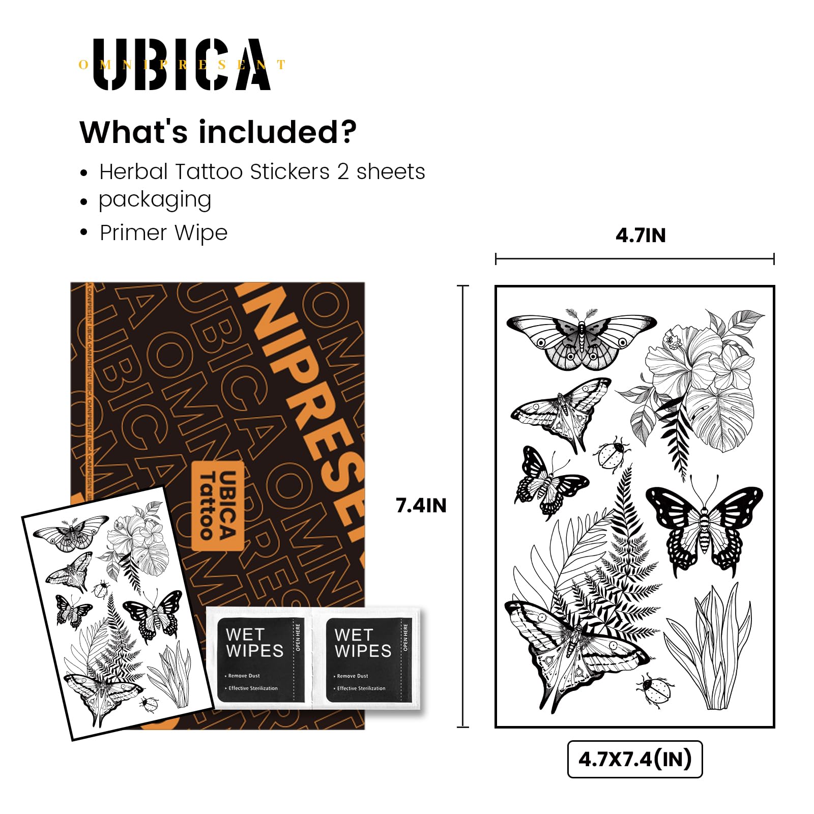 UBICA Moth & Grass Semi-Permanent Tattoo – Realistic Waterproof Stickers (2 Sheets)